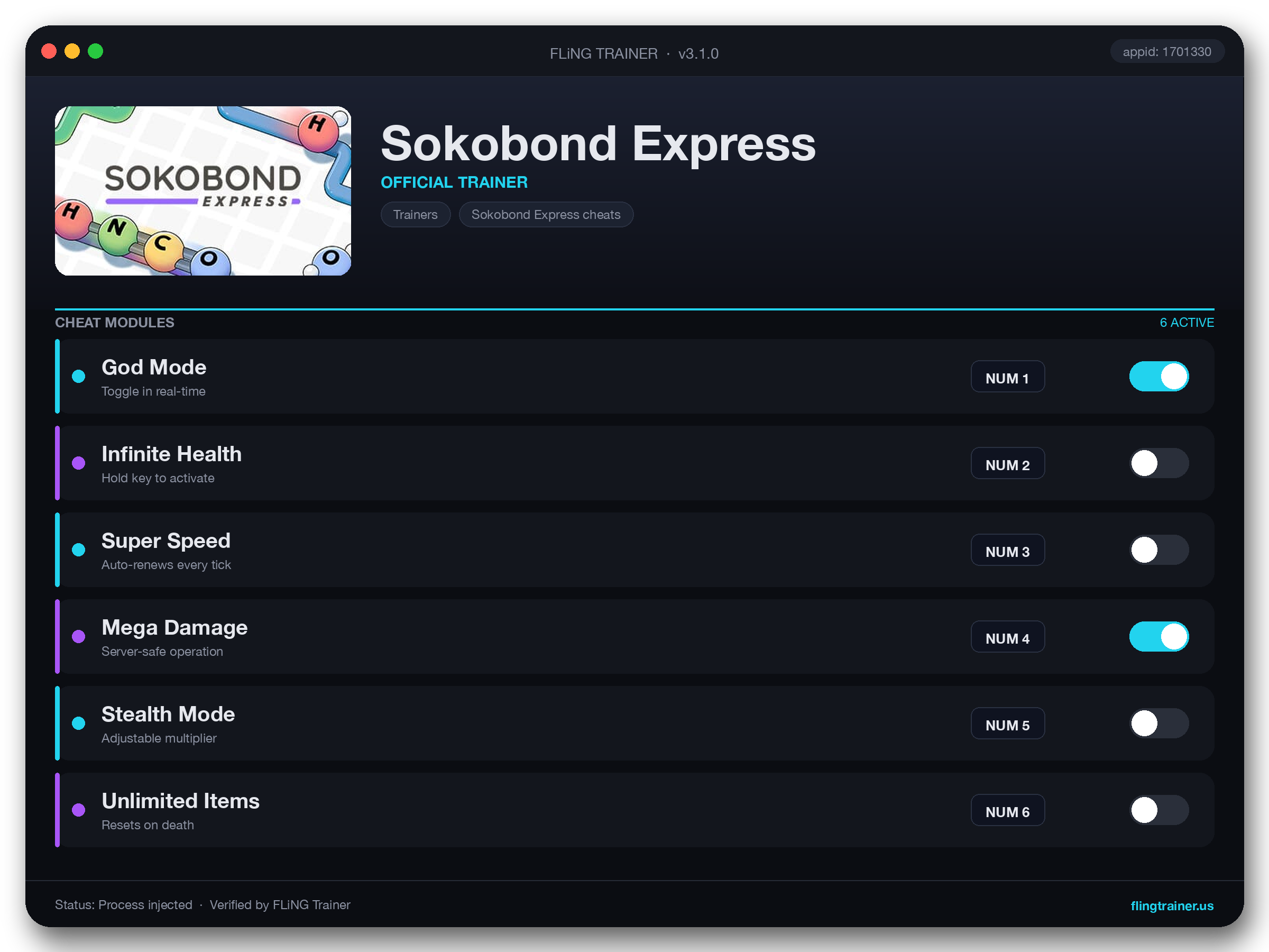 Sokobond Express Trainer interface
