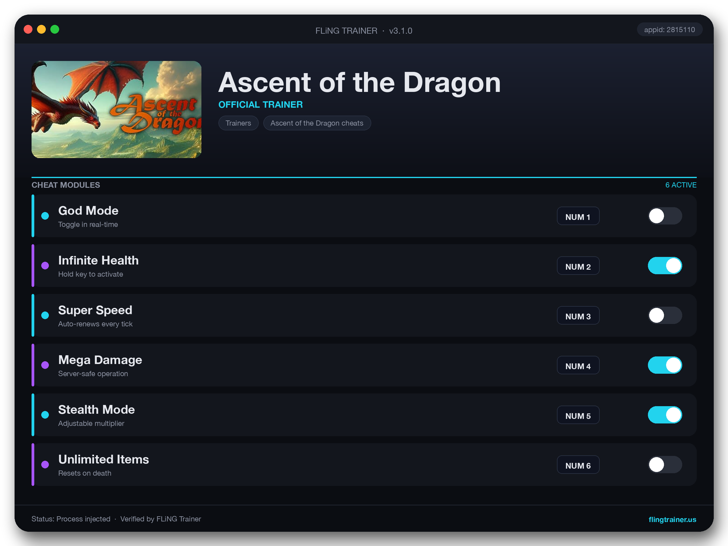 Ascent of the Dragon Trainer interface