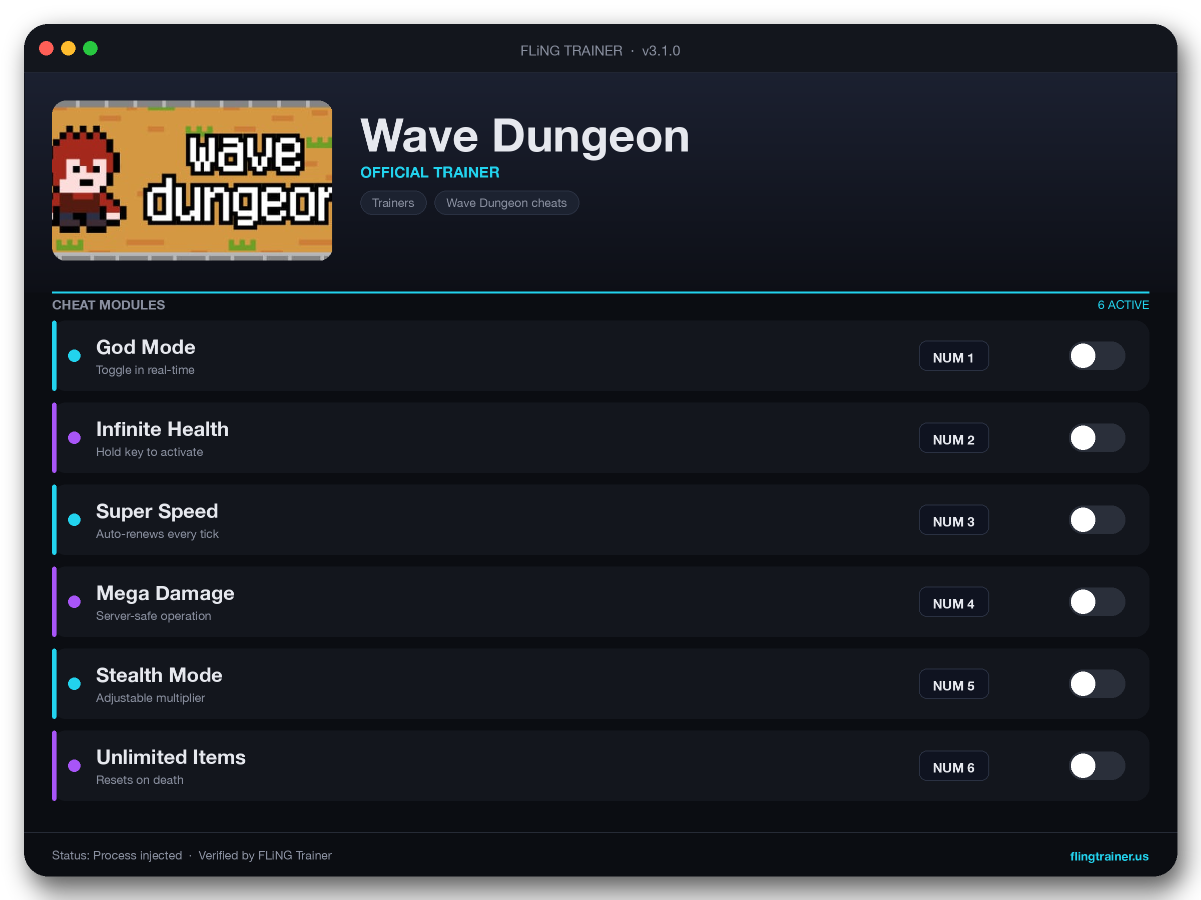 Wave Dungeon Trainer interface