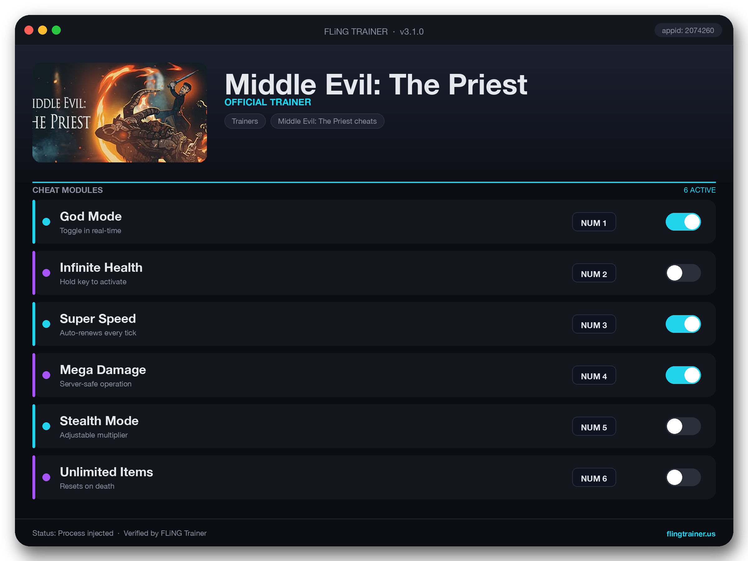 Middle Evil: The Priest Trainer interface