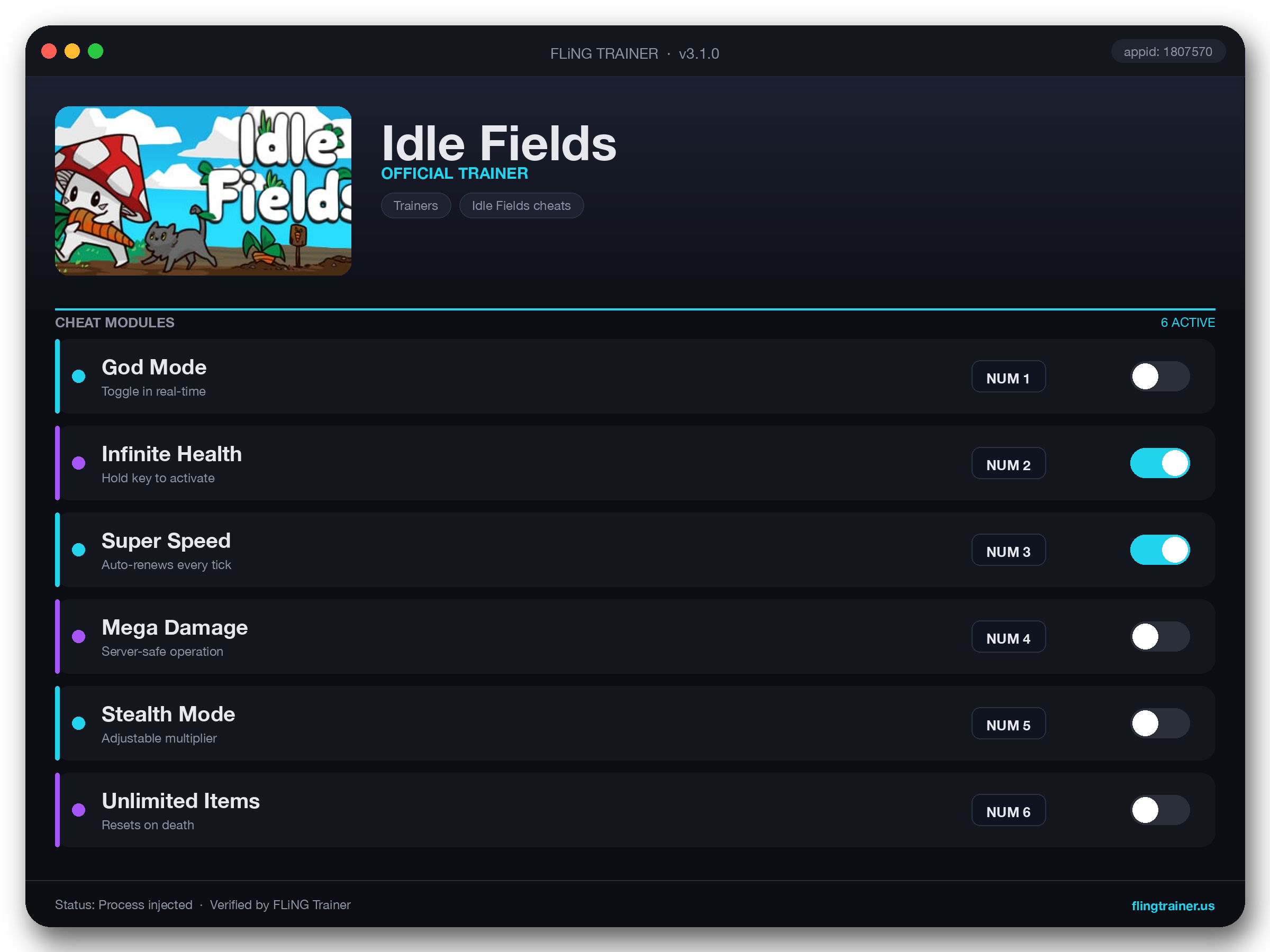 Idle Fields Trainer interface