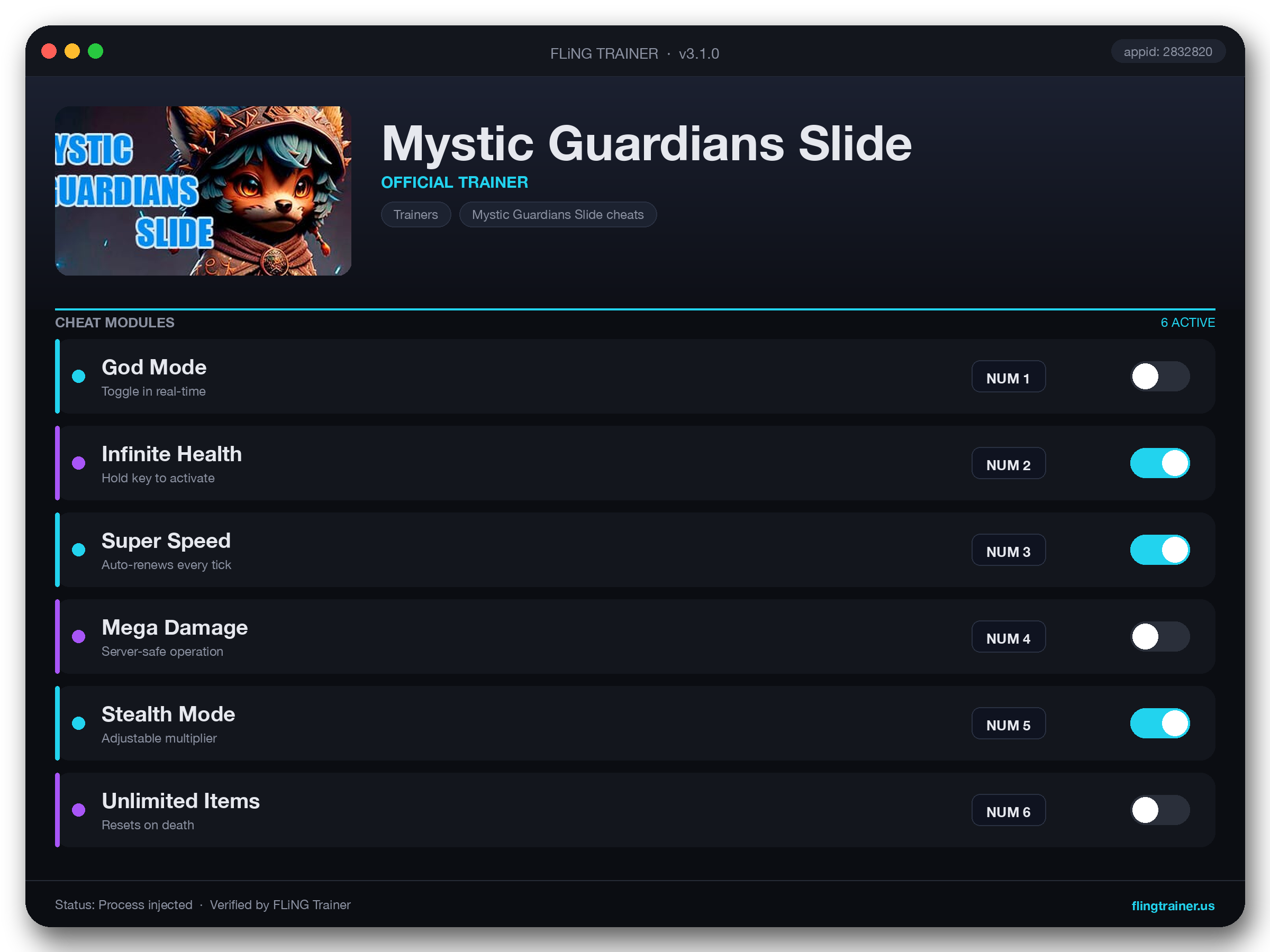 Mystic Guardians Slide Trainer interface