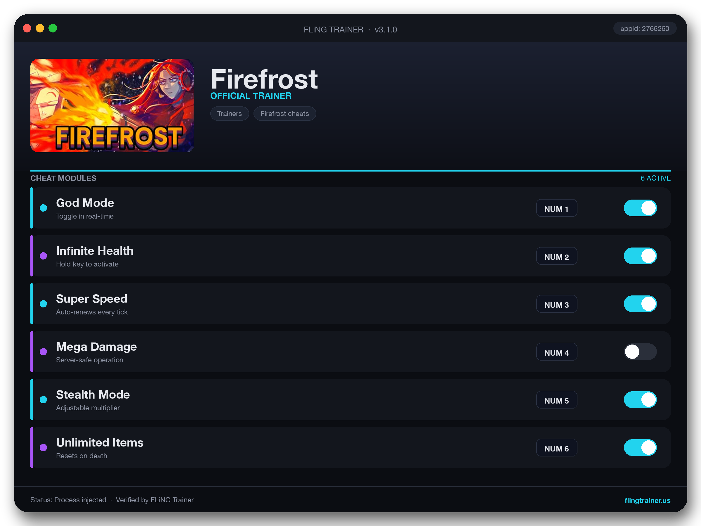 Firefrost Trainer interface