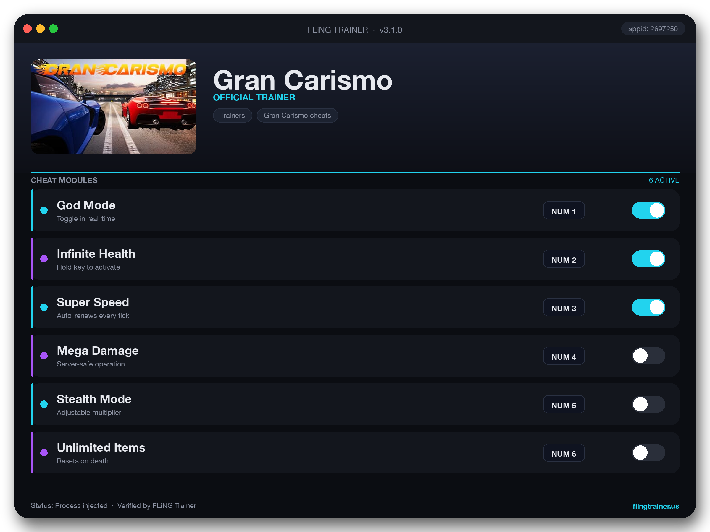 Gran Carismo Trainer interface