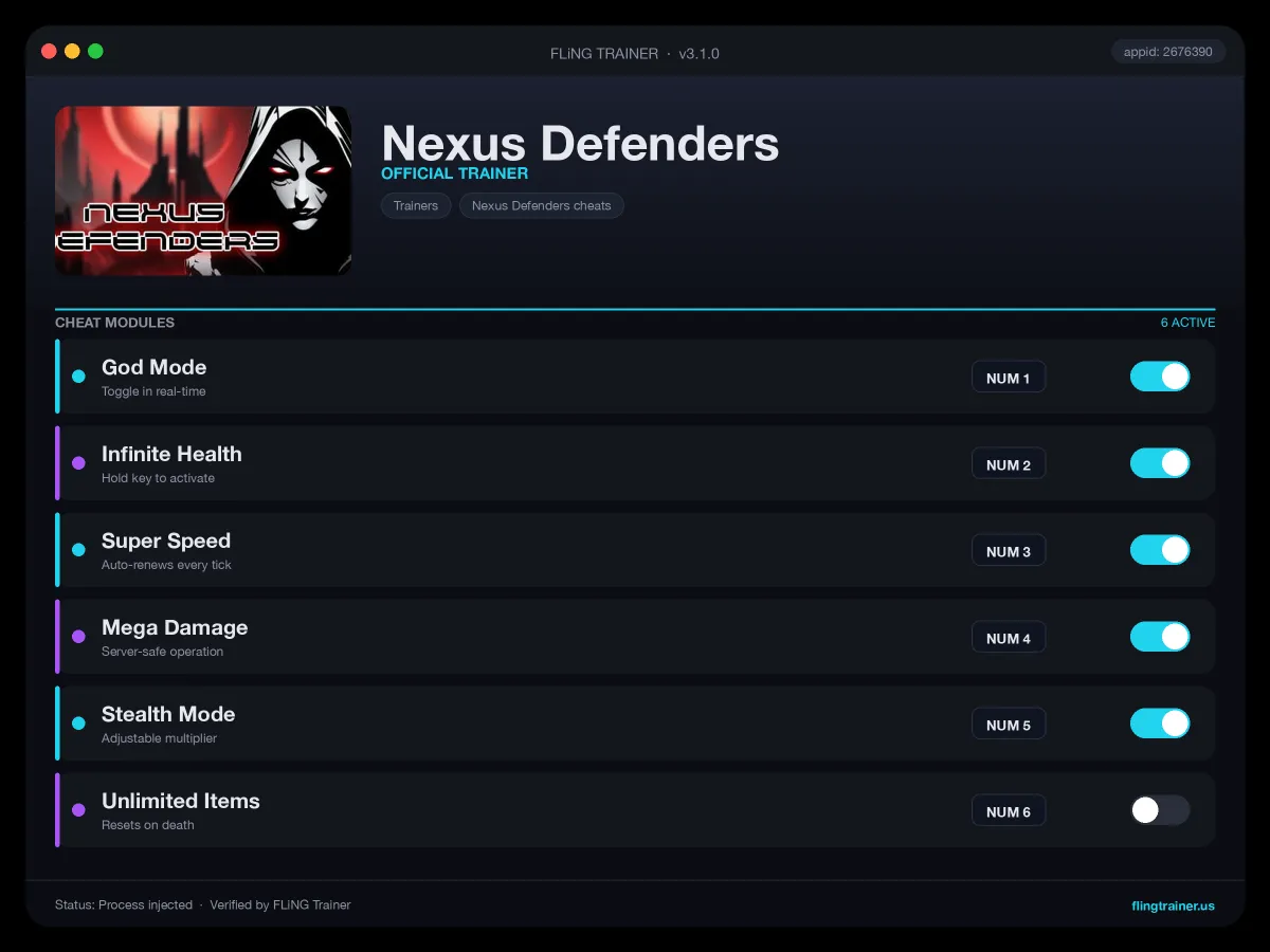 Nexus Defenders Trainer interface