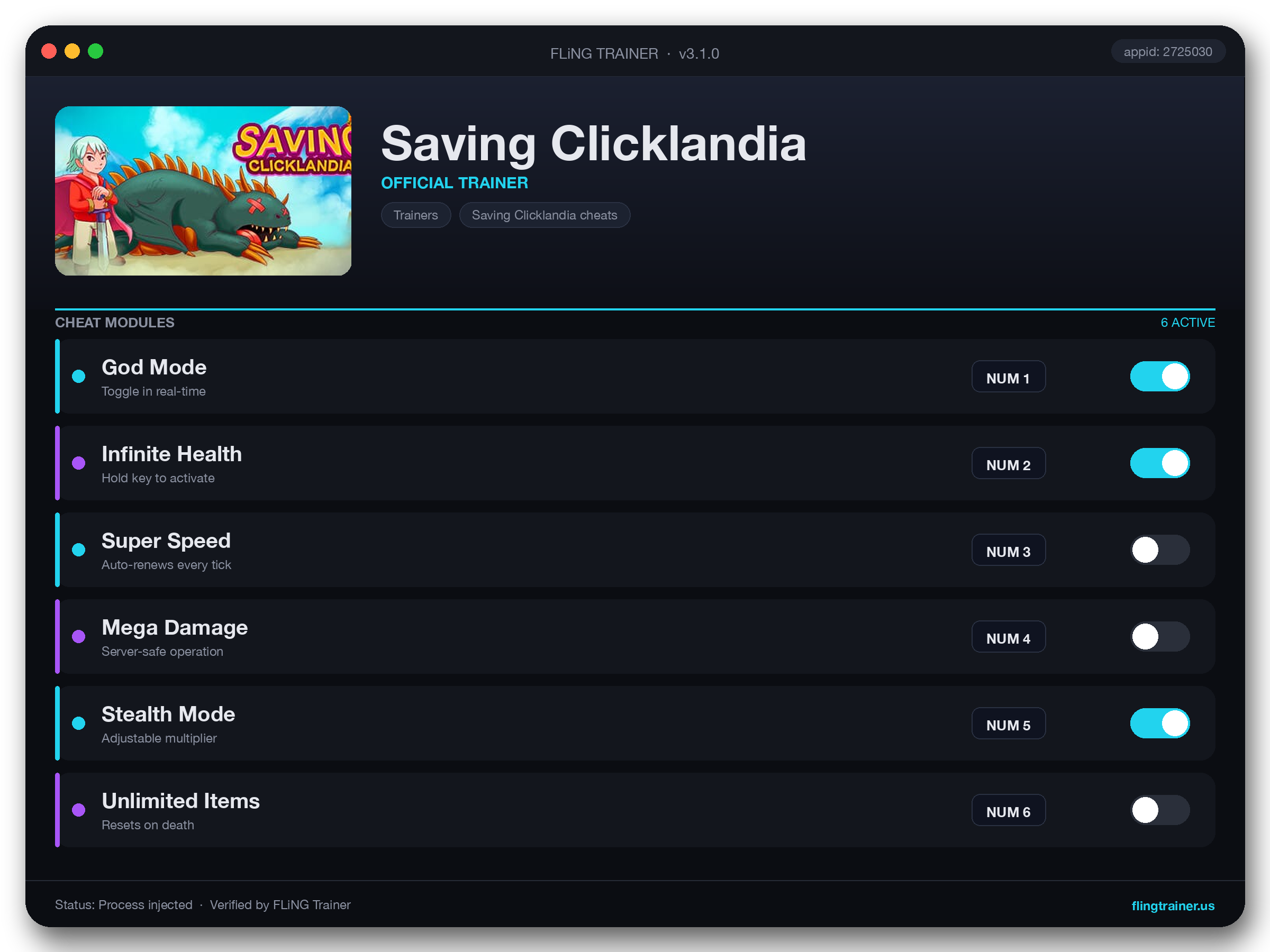 Saving Clicklandia Trainer interface