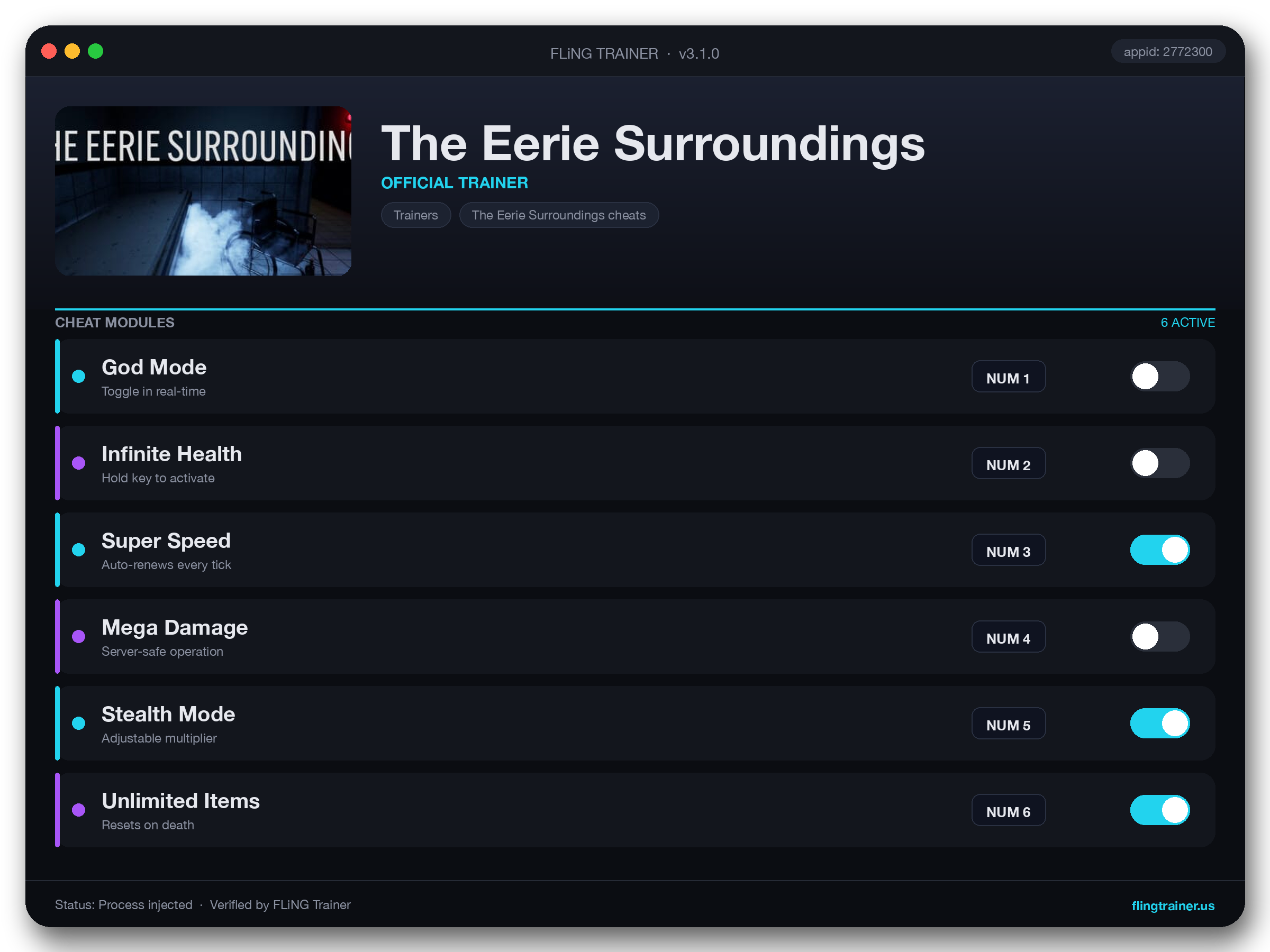 The Eerie Surroundings Trainer interface