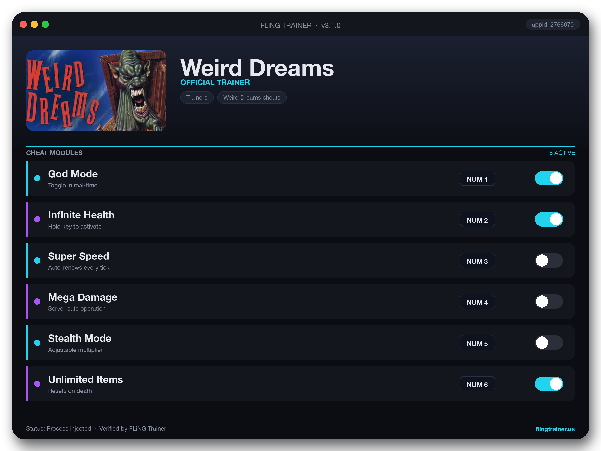 Weird Dreams Trainer interface
