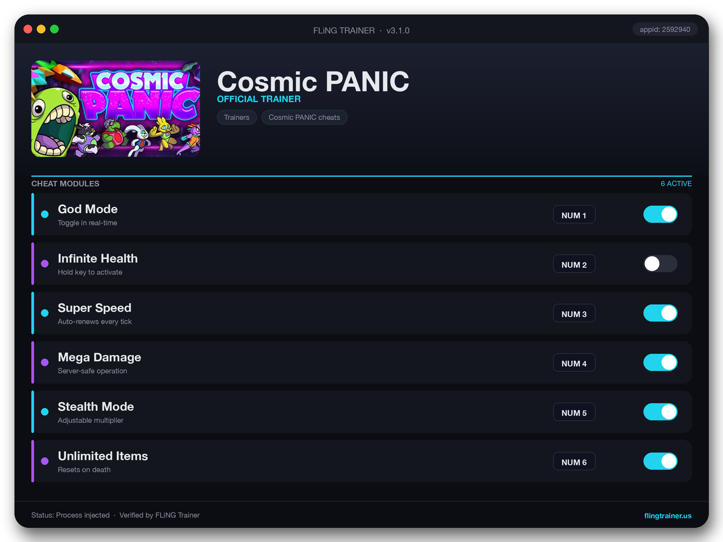 Cosmic PANIC Trainer interface