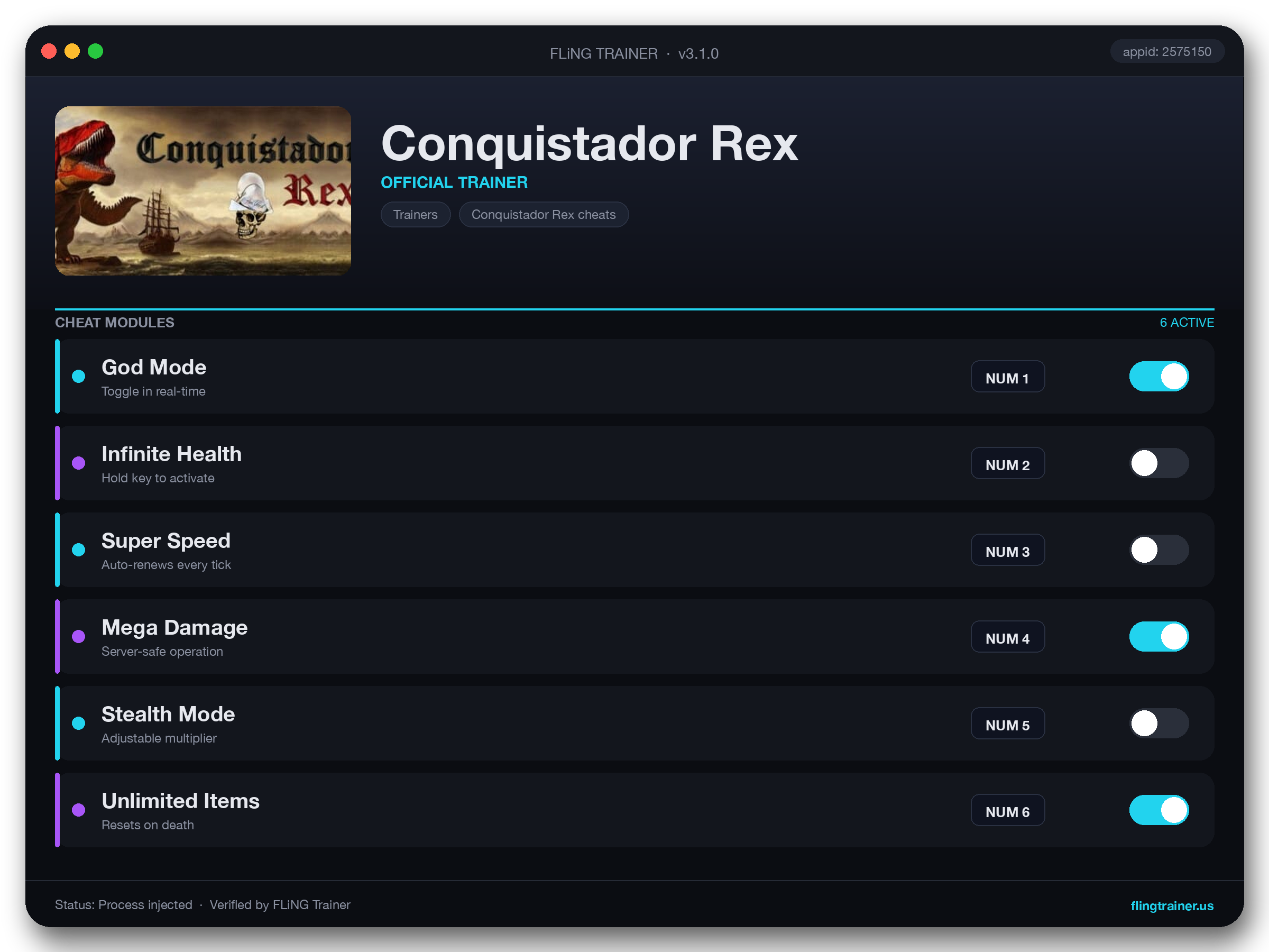 Conquistador Rex Trainer interface