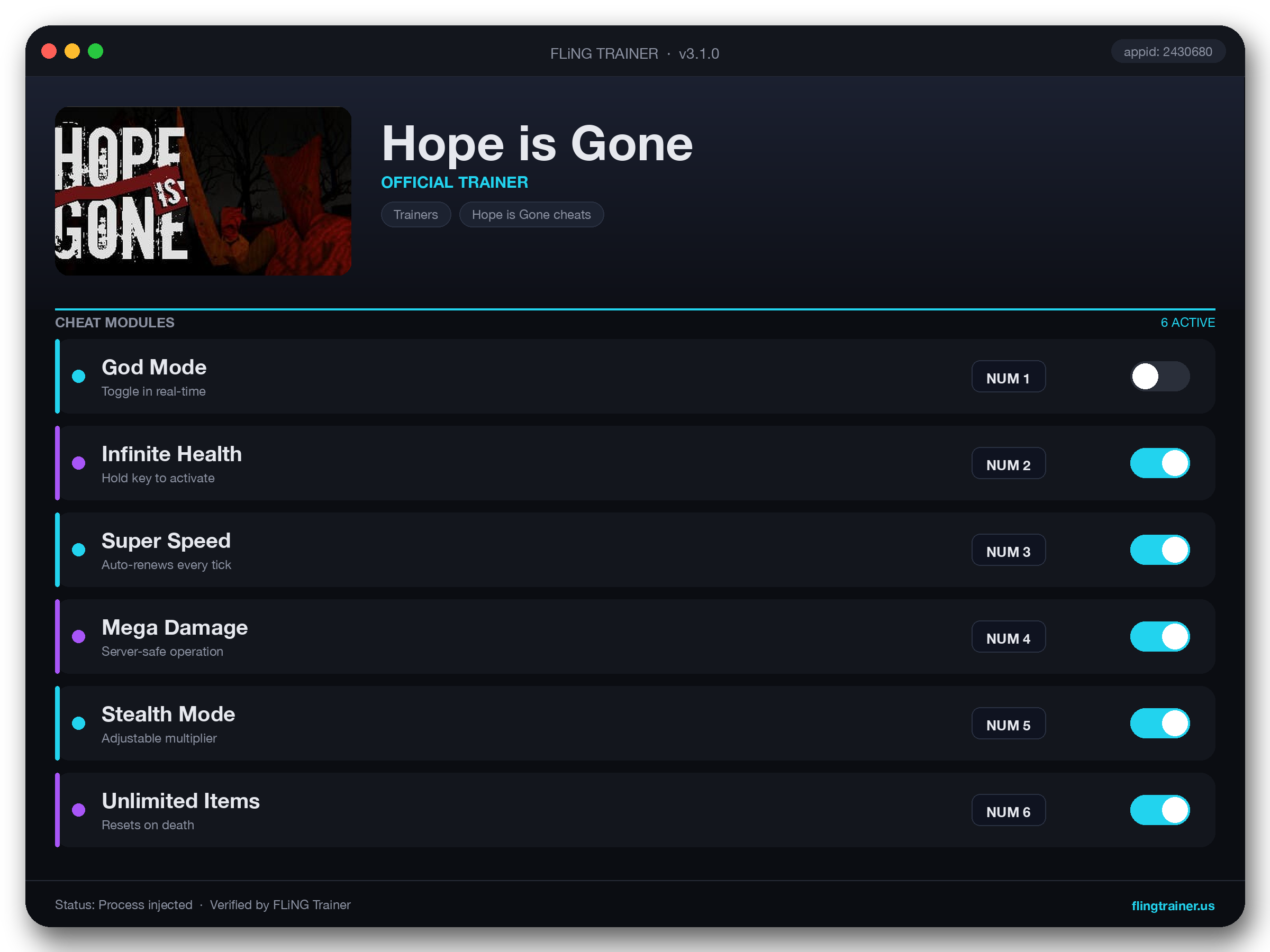 Hope is Gone Trainer interface
