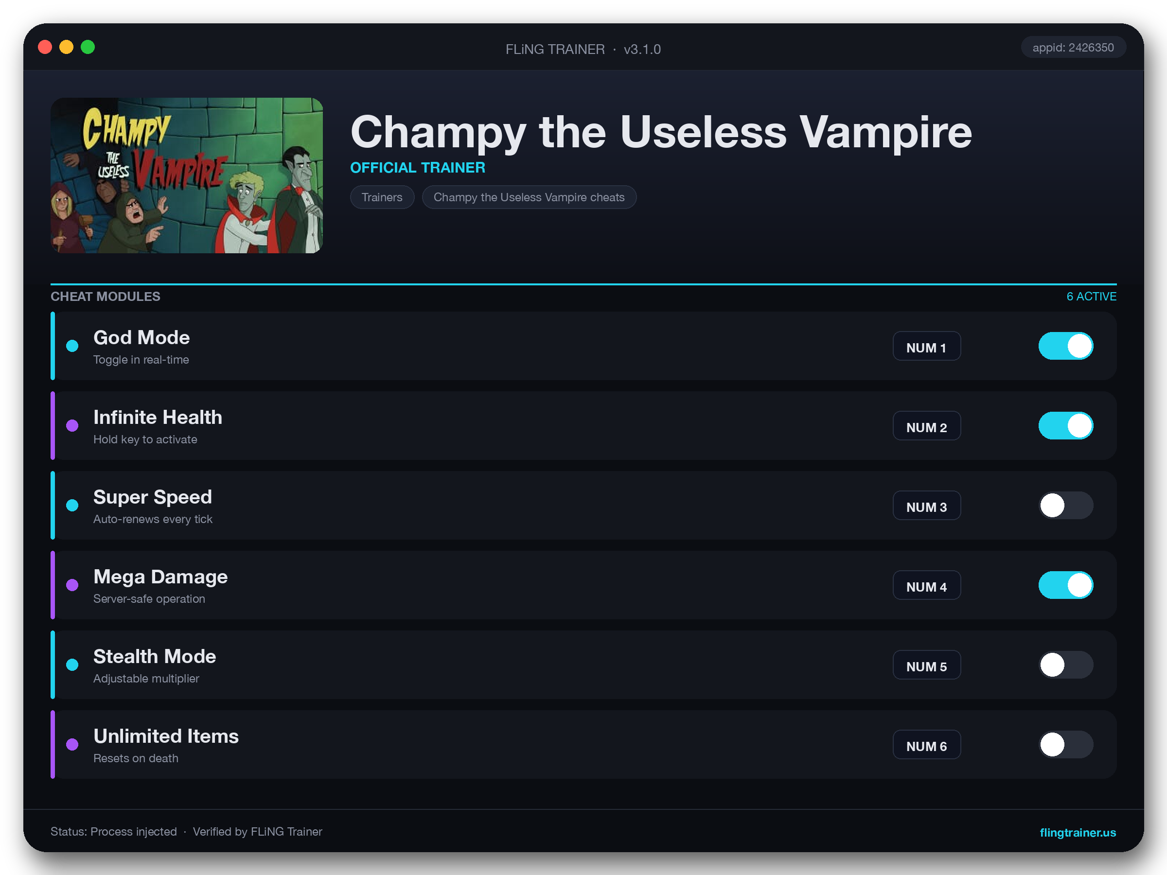 Champy the Useless Vampire Trainer interface