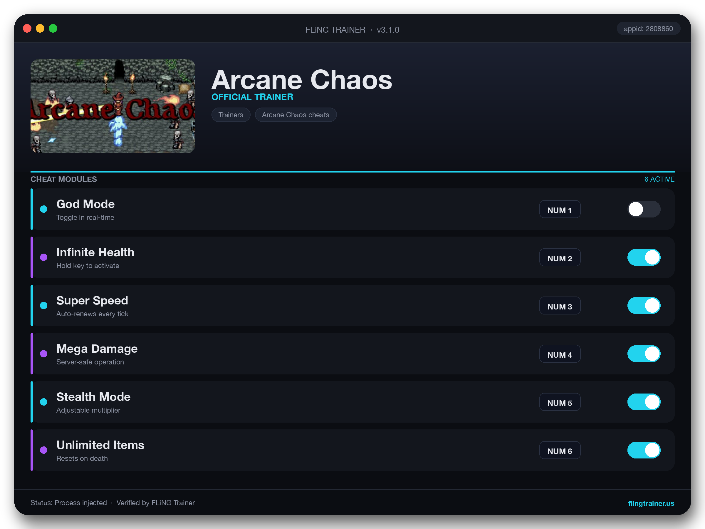 Arcane Chaos Trainer interface