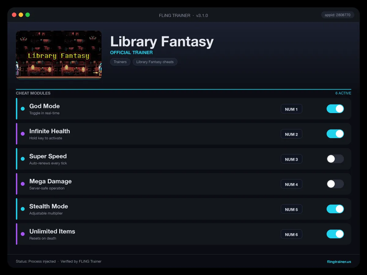 Library Fantasy Trainer interface