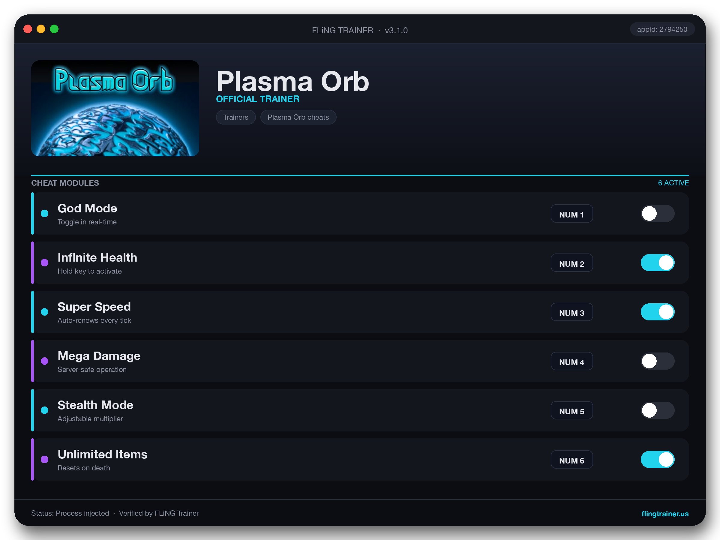 Plasma Orb Trainer interface