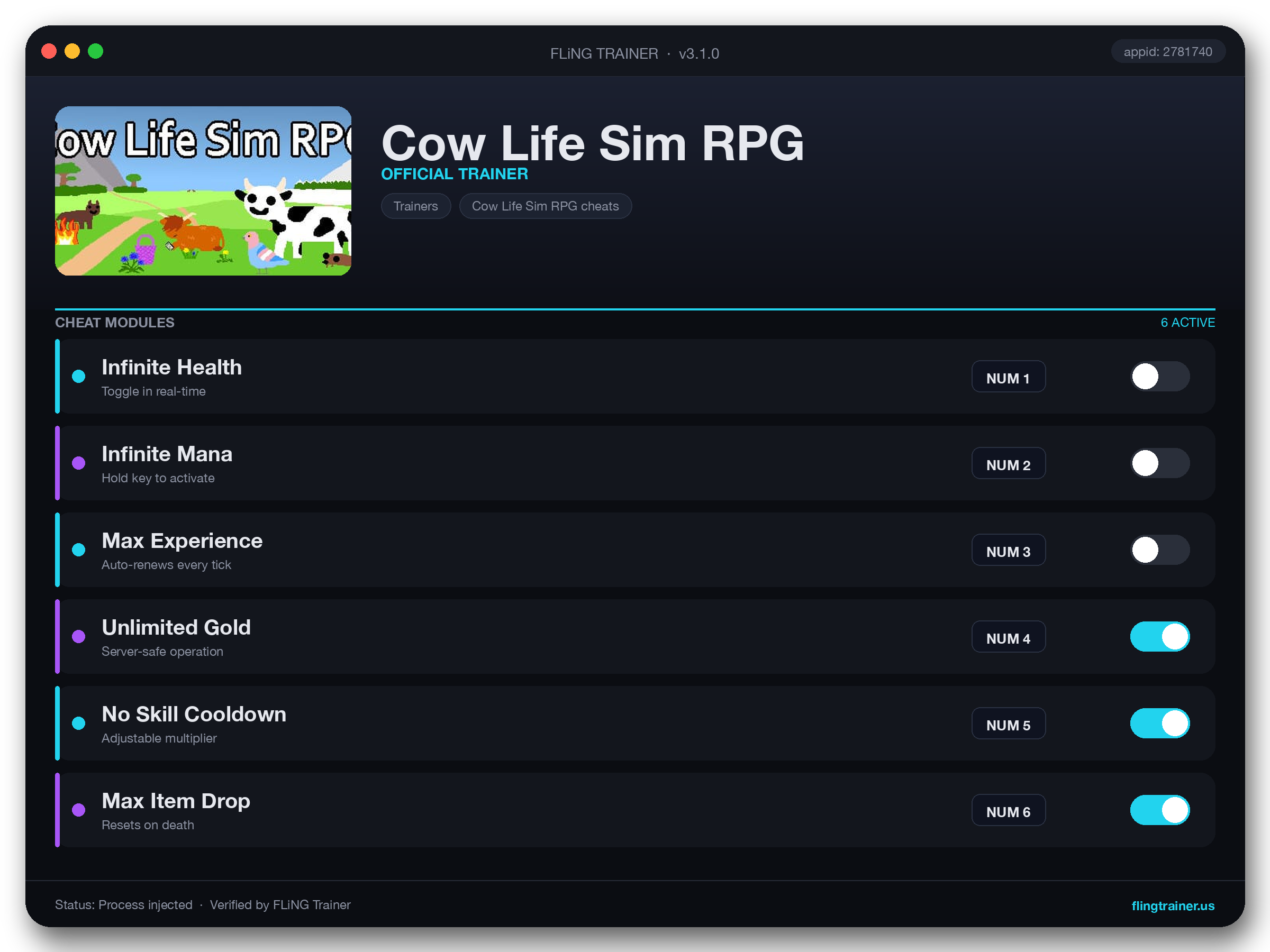 Cow Life Sim RPG Trainer interface