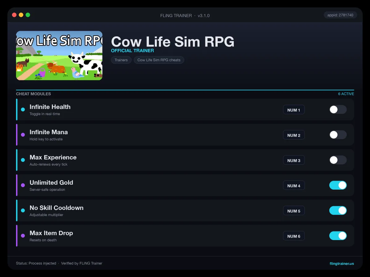 Cow Life Sim RPG Trainer interface
