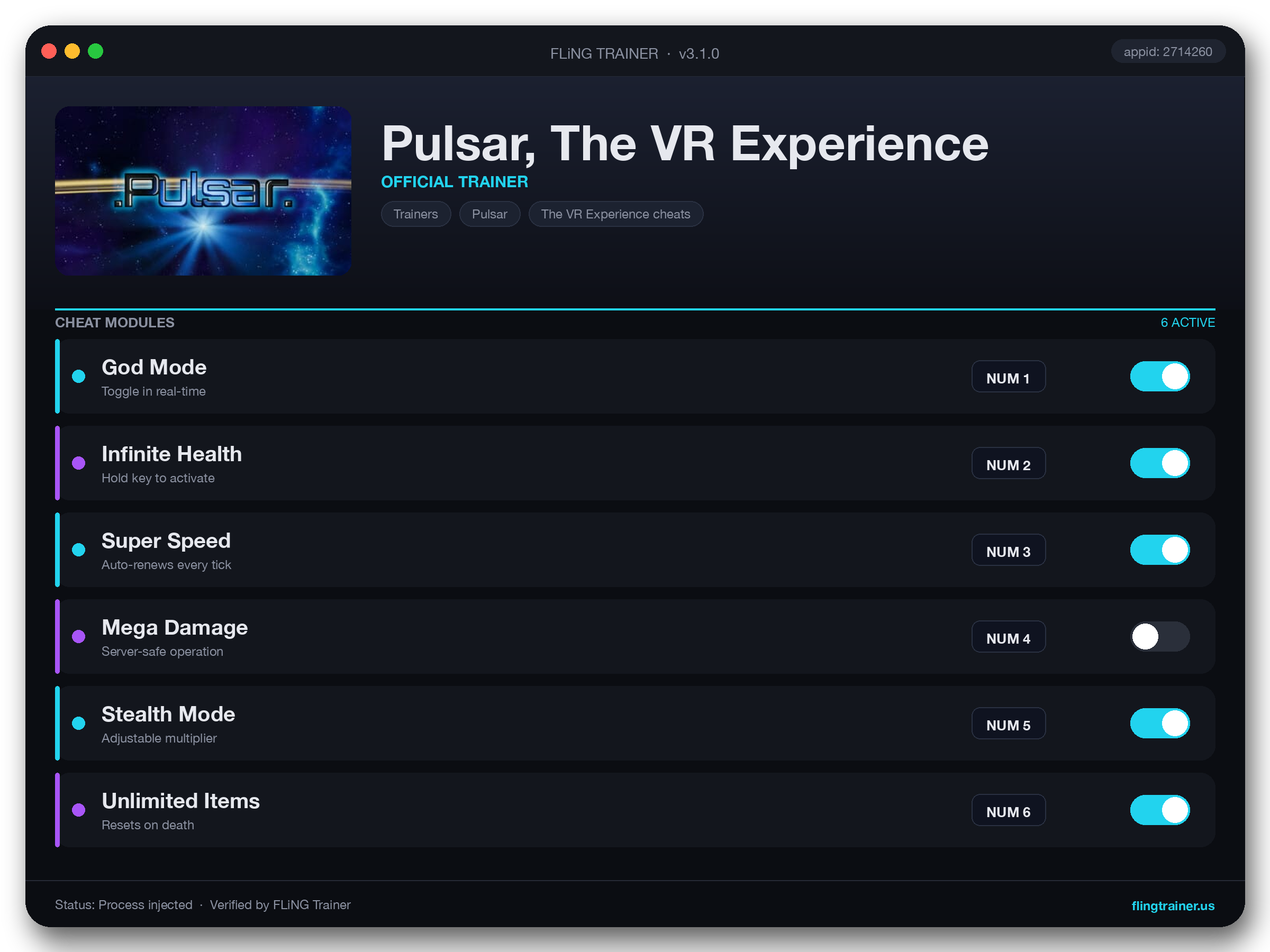 Pulsar, The VR Experience Trainer interface