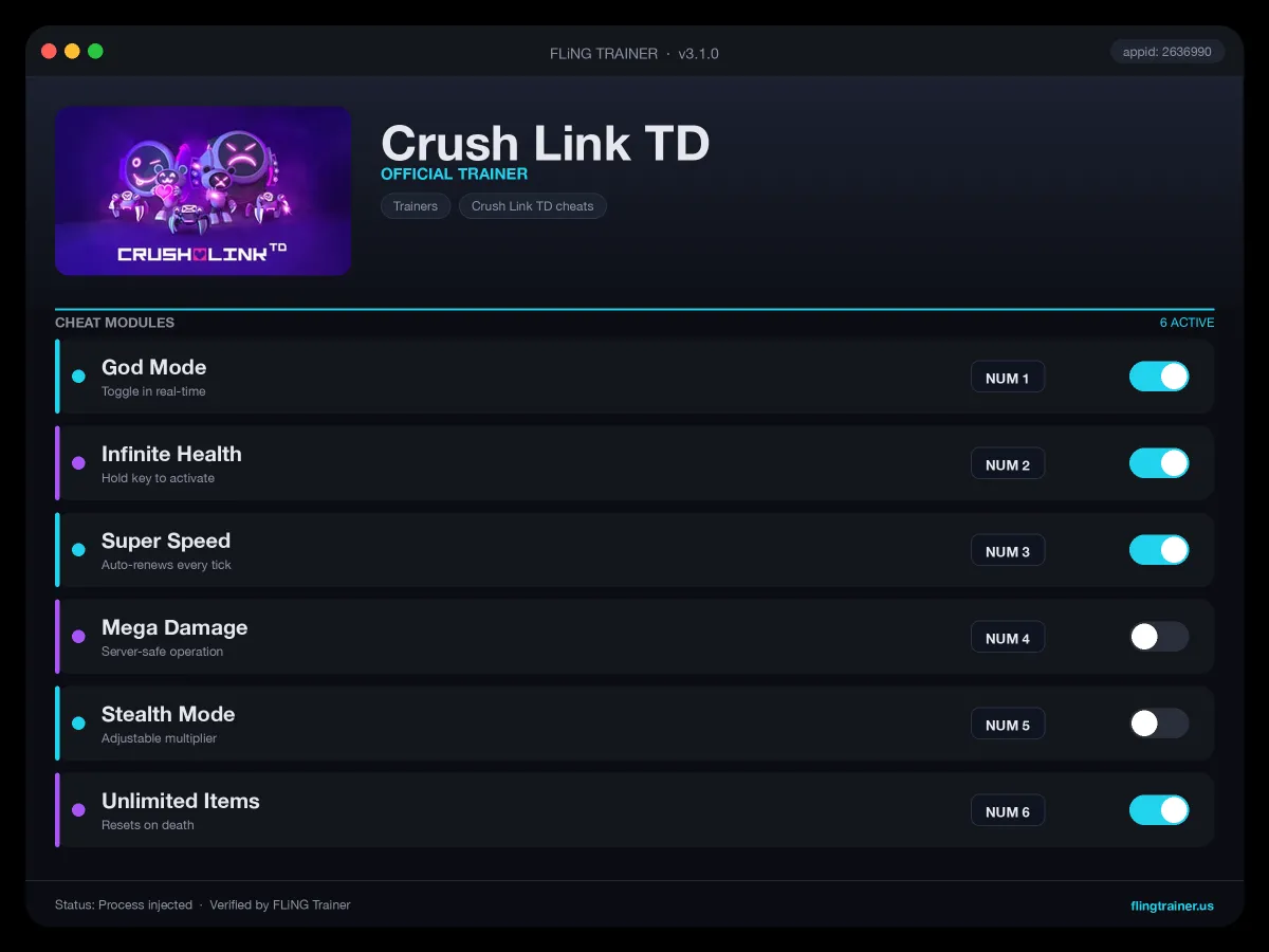 Crush Link TD Trainer interface