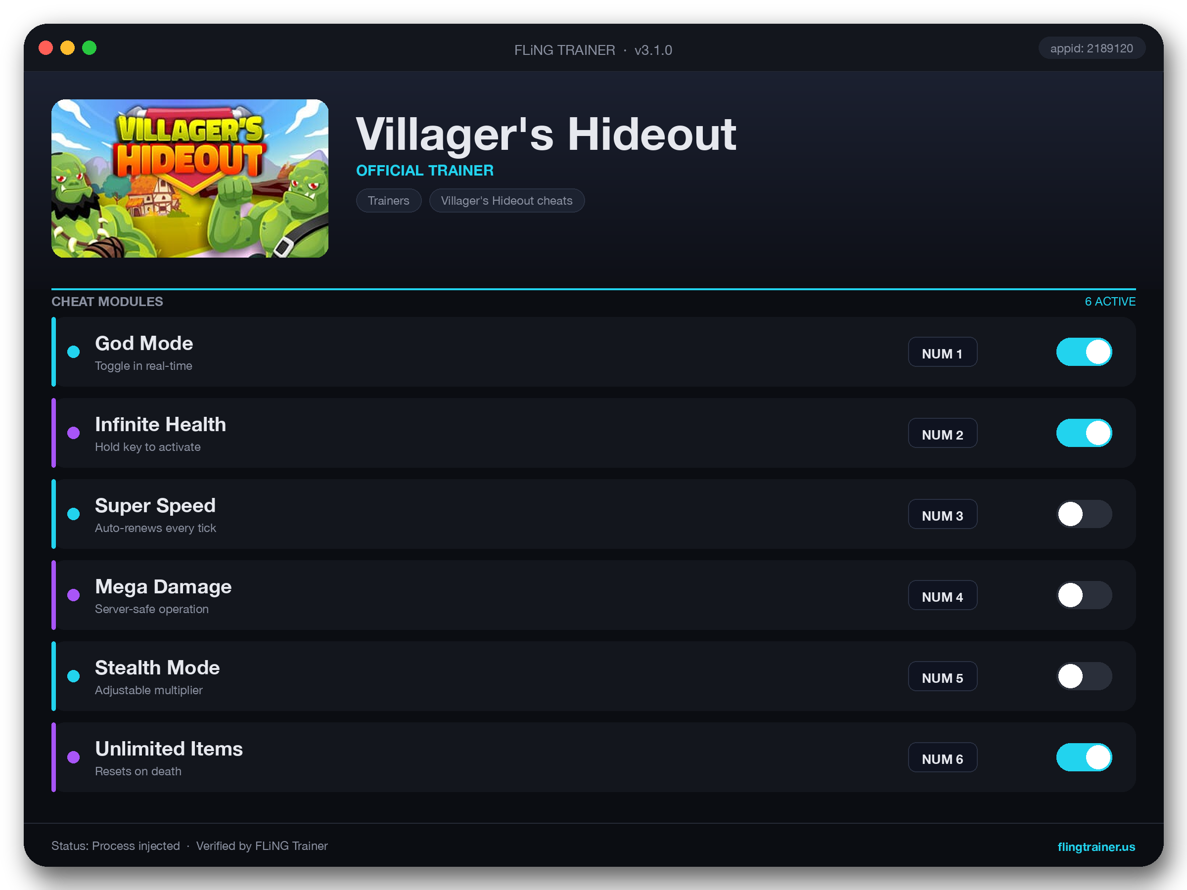 Villager's Hideout Trainer interface