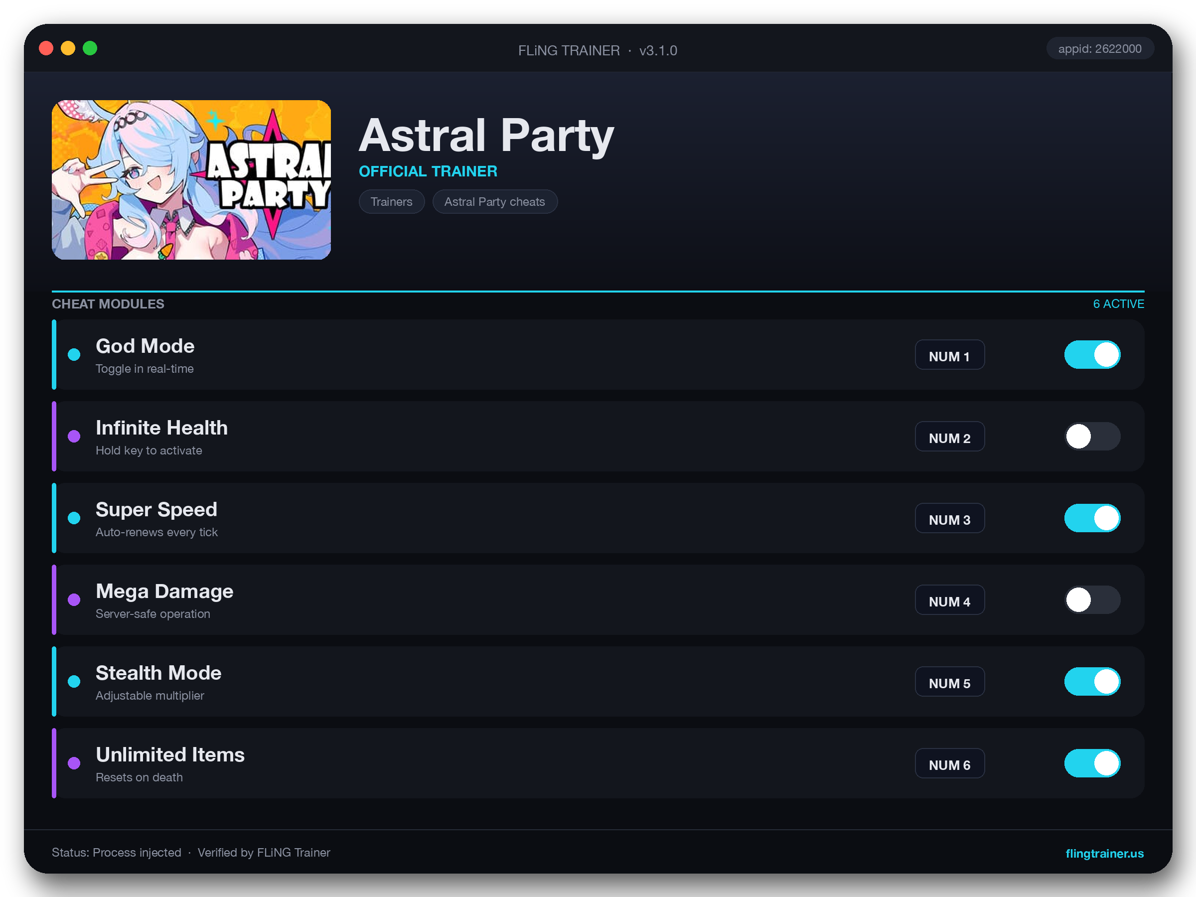 Astral Party Trainer interface