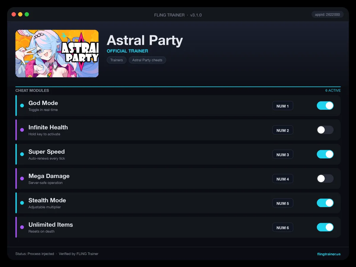 Astral Party Trainer interface
