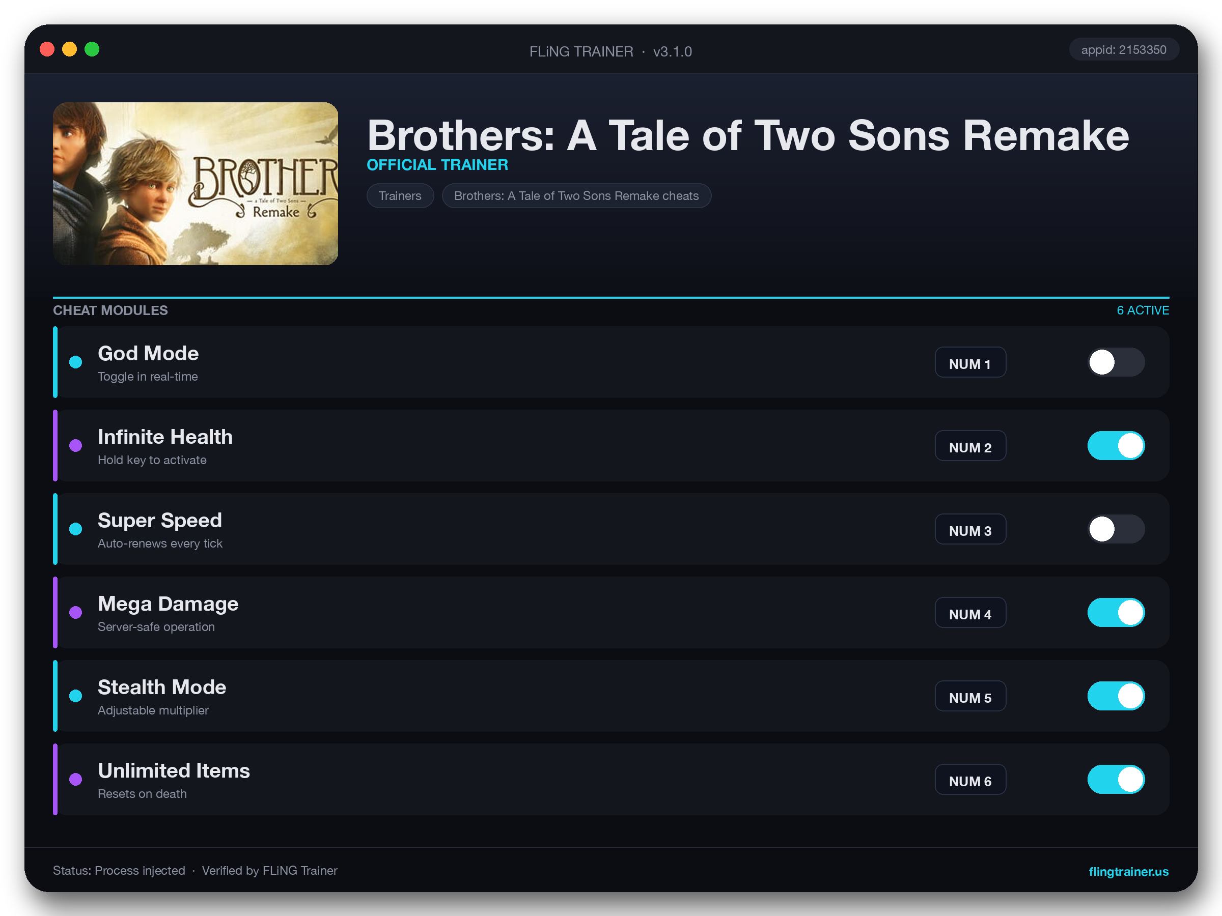 Brothers: A Tale of Two Sons Remake Trainer interface