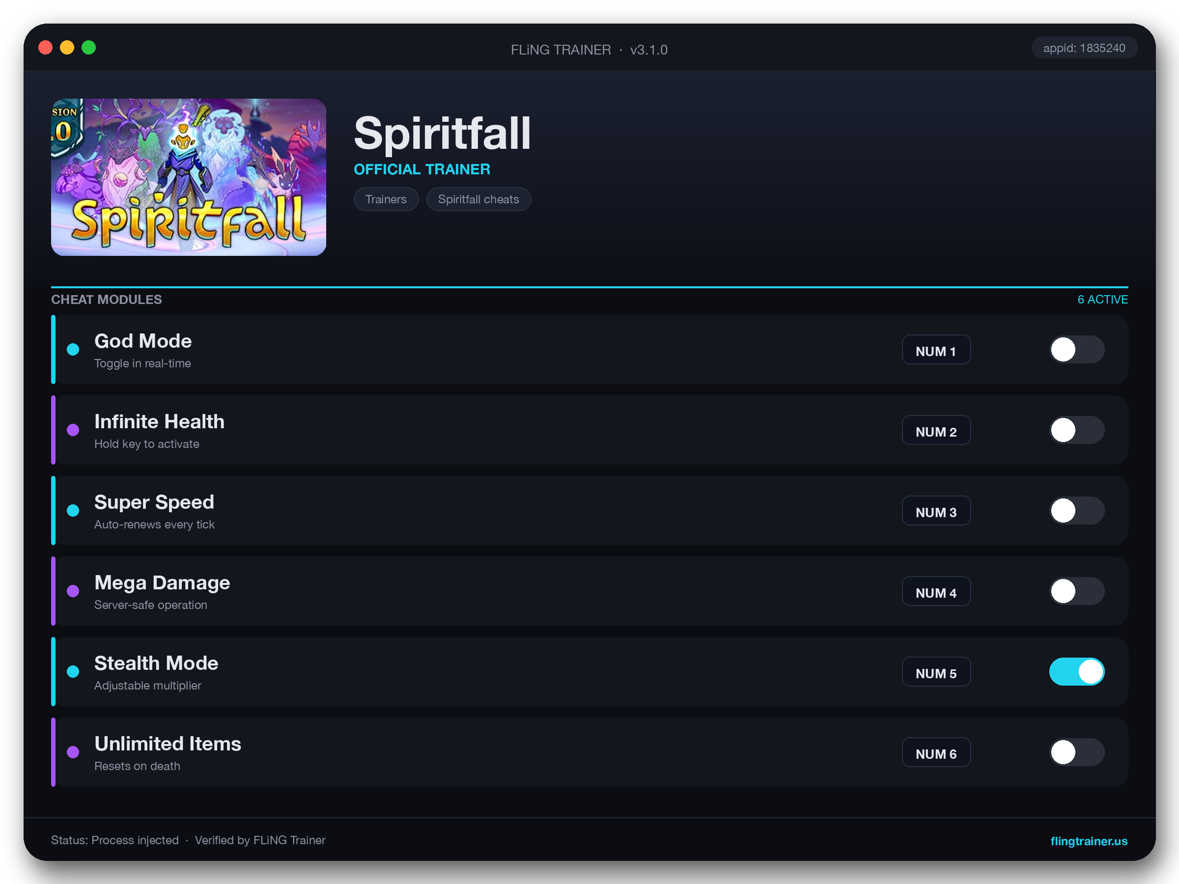 Spiritfall Trainer interface