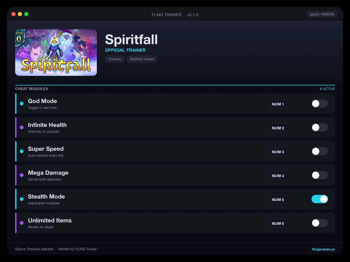 Spiritfall Trainer interface