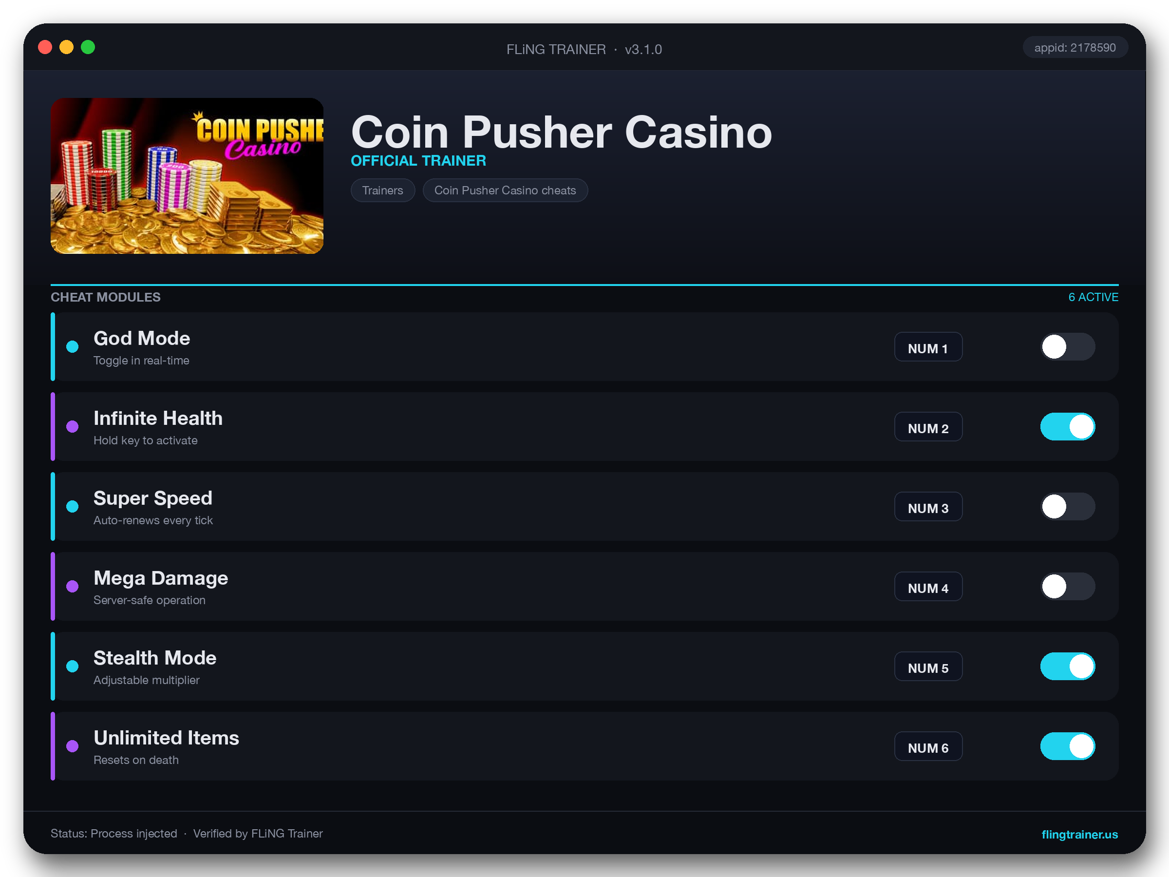 Coin Pusher Casino Trainer interface