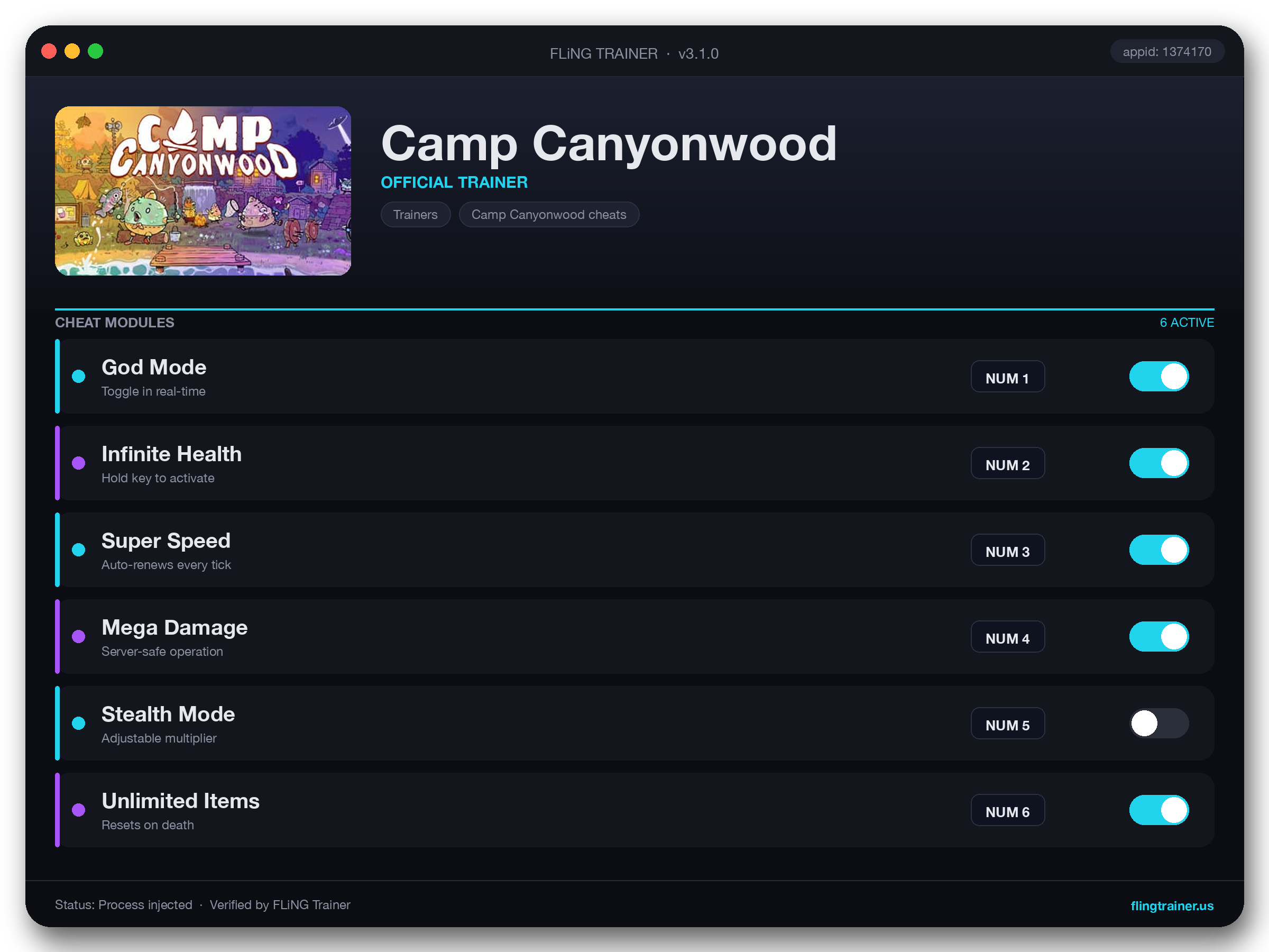 Camp Canyonwood Trainer interface