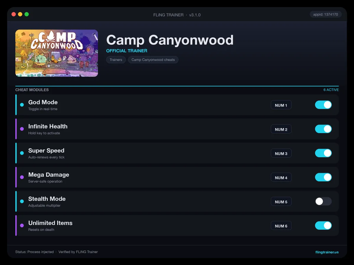 Camp Canyonwood Trainer interface