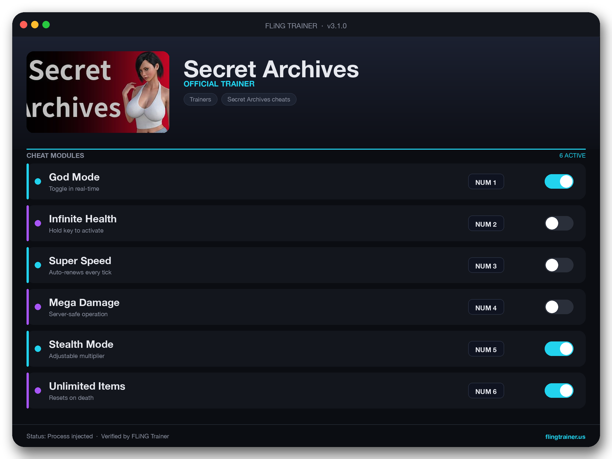 Secret Archives Trainer interface