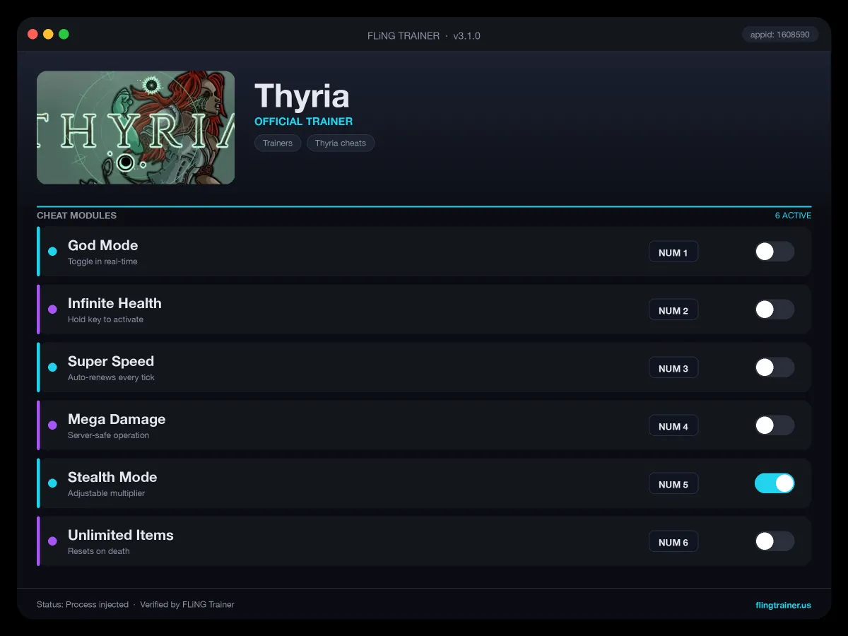Thyria Trainer interface