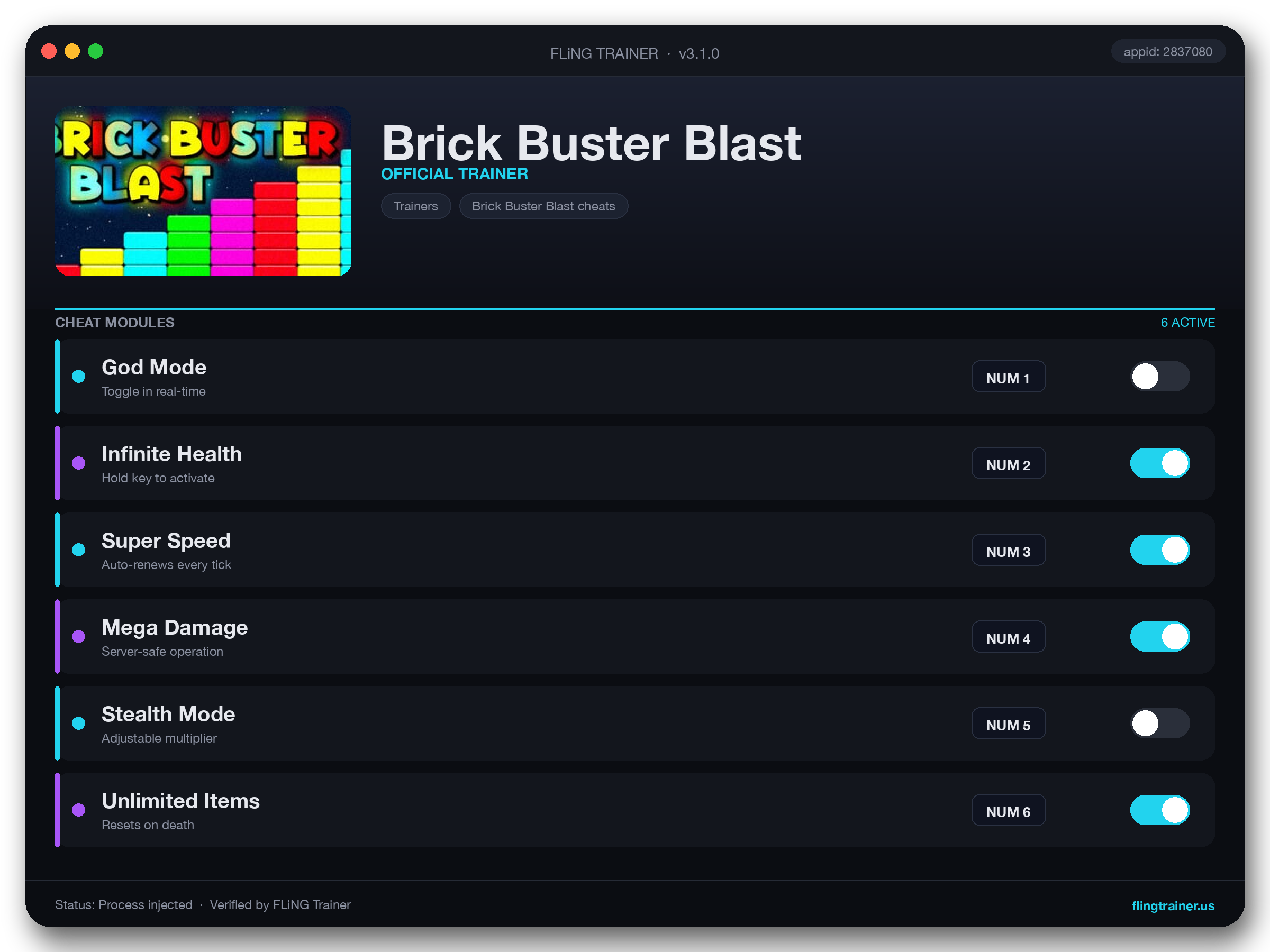 Brick Buster Blast Trainer interface