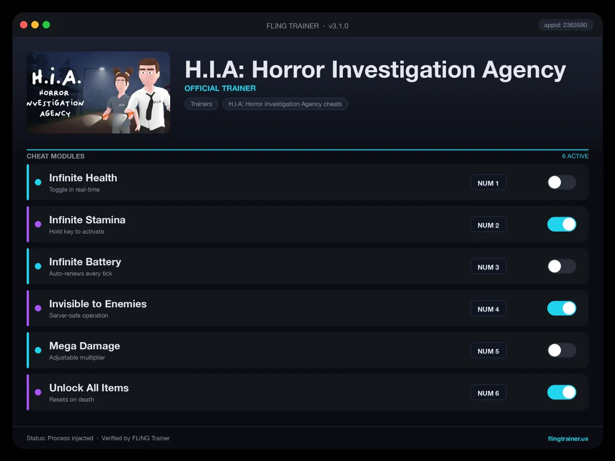 H.I.A: Horror Investigation Agency Trainer interface
