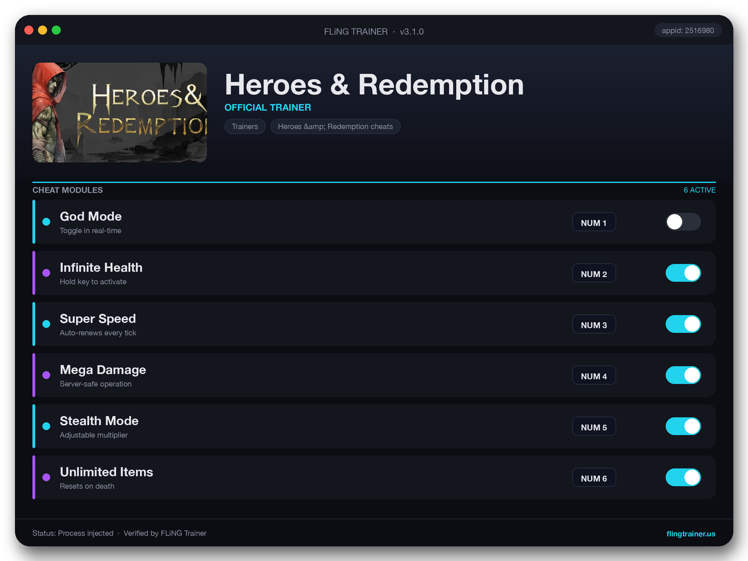 Heroes & Redemption Trainer interface