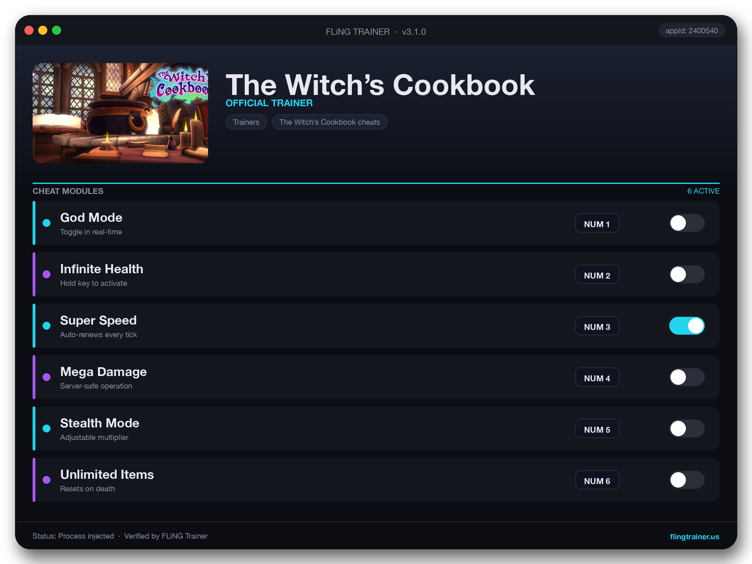 The Witch’s Cookbook Trainer interface