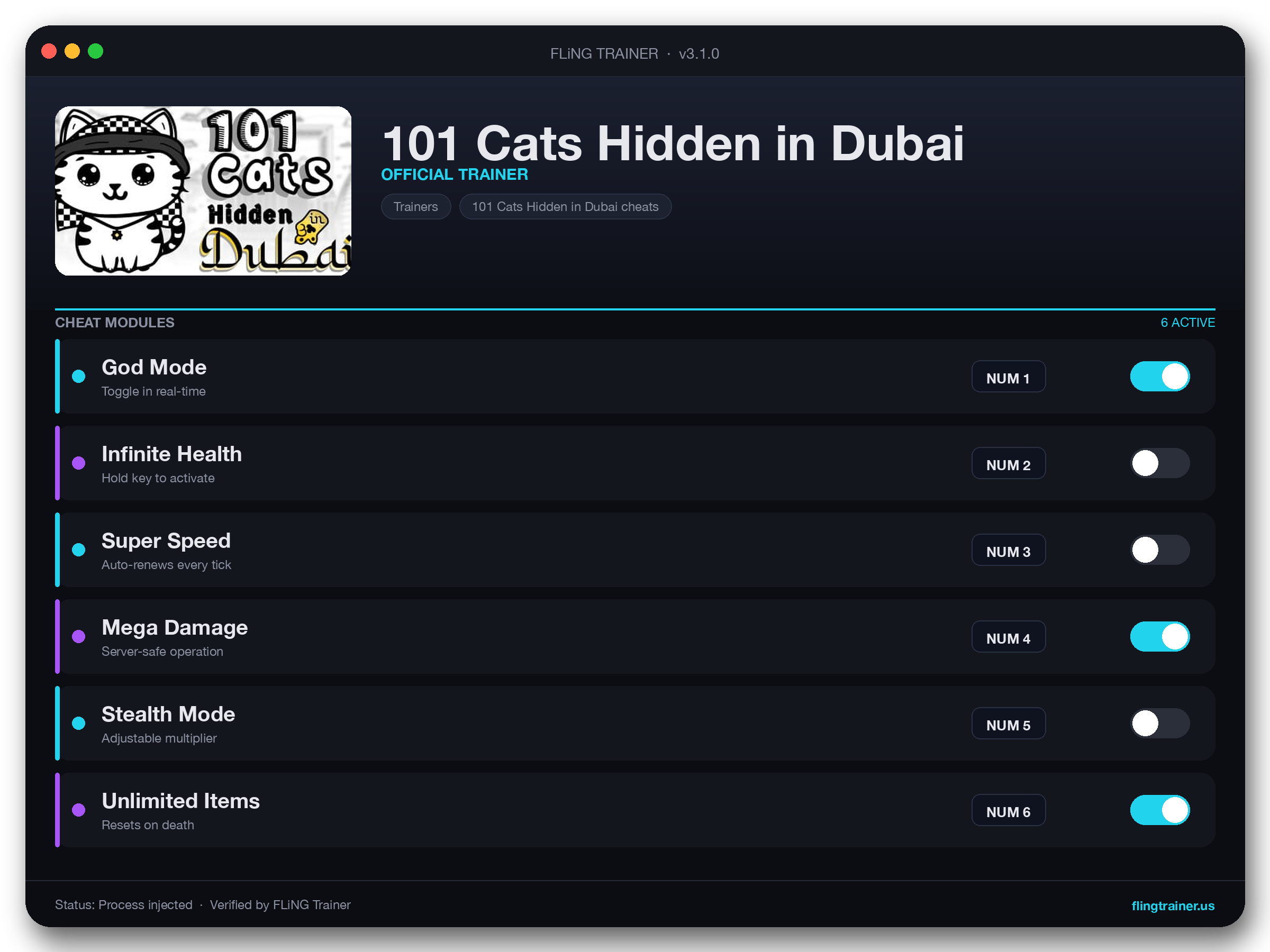 101 Cats Hidden in Dubai Trainer interface