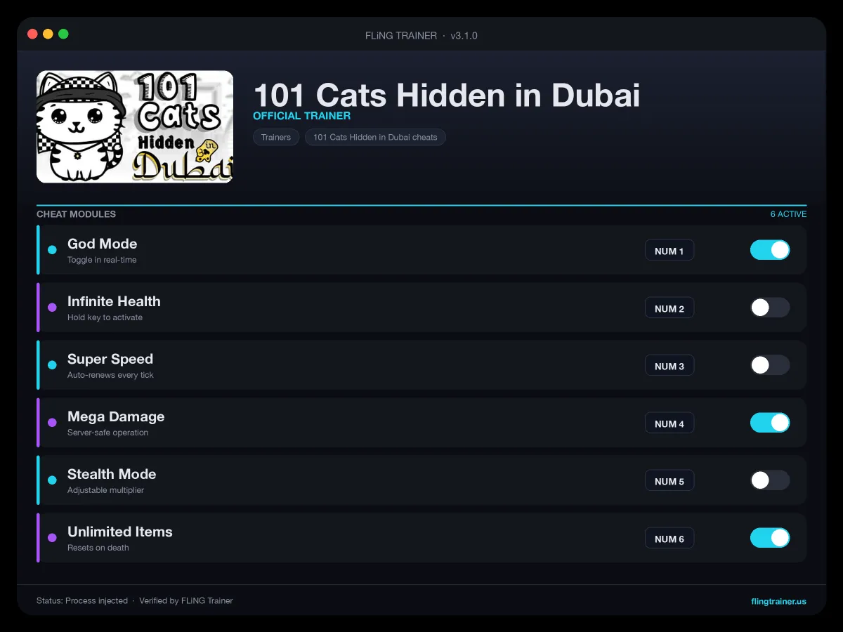 101 Cats Hidden in Dubai Trainer interface