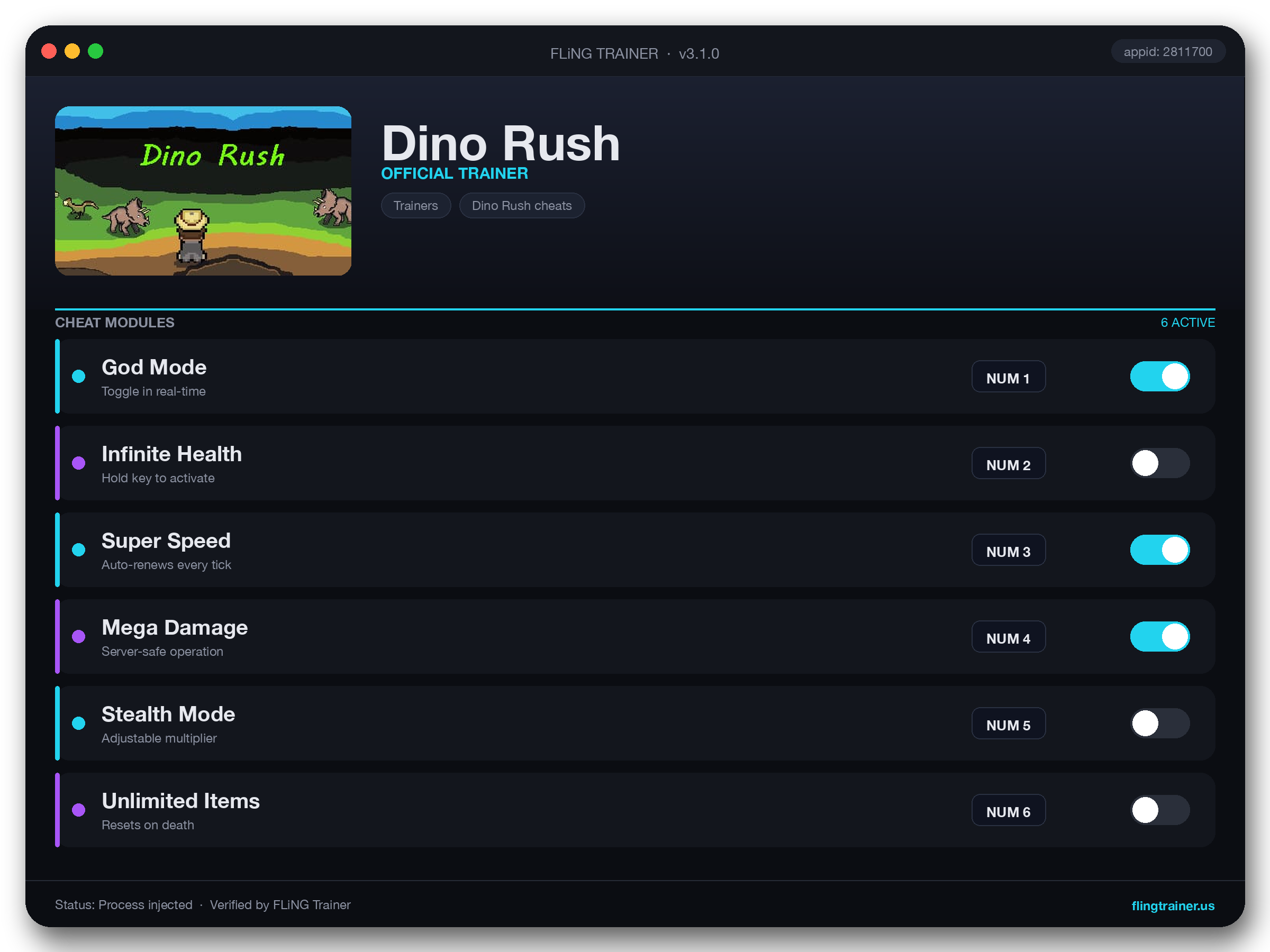 Dino Rush Trainer interface