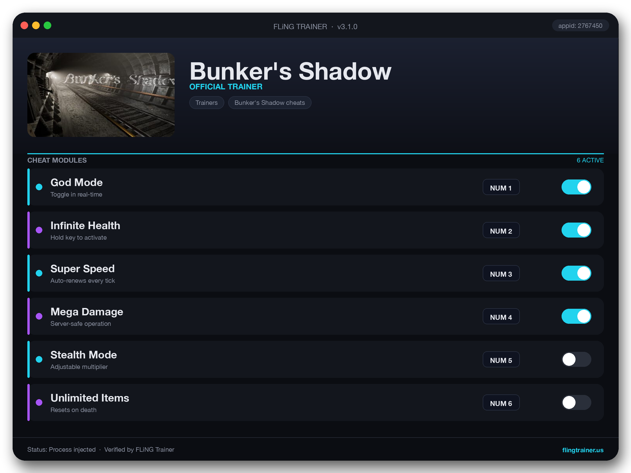 Bunker's Shadow Trainer interface