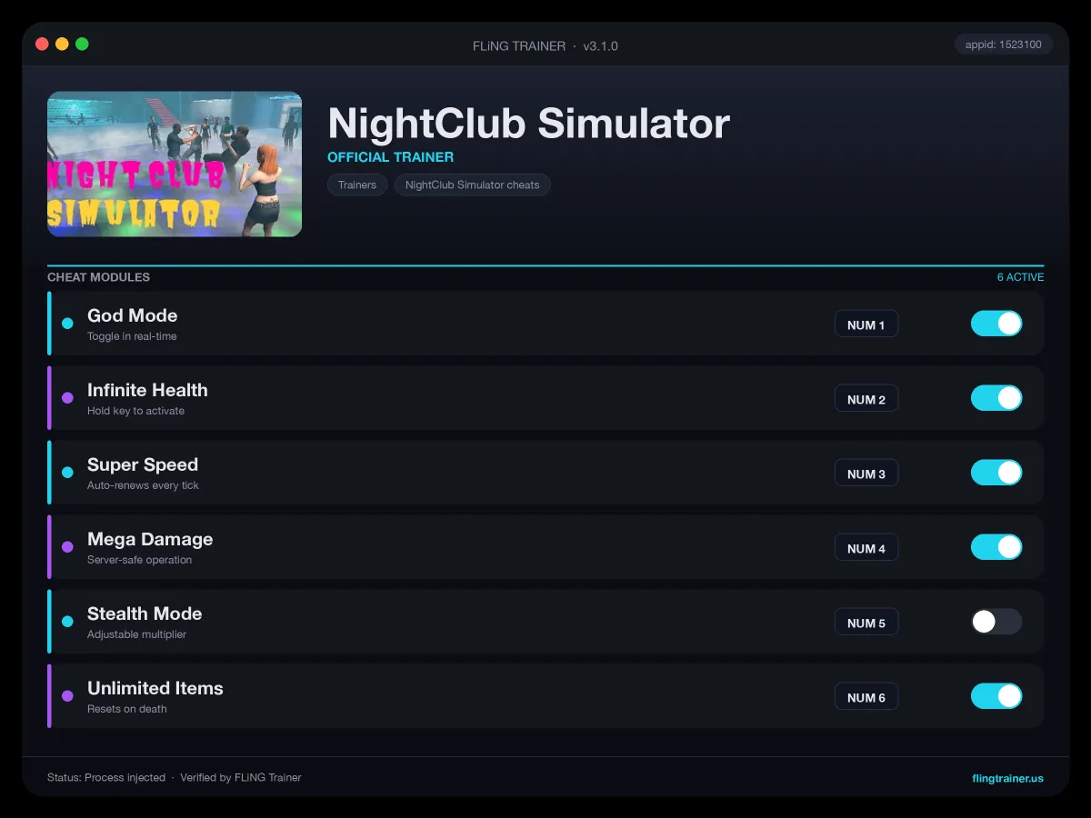 NightClub Simulator Trainer interface