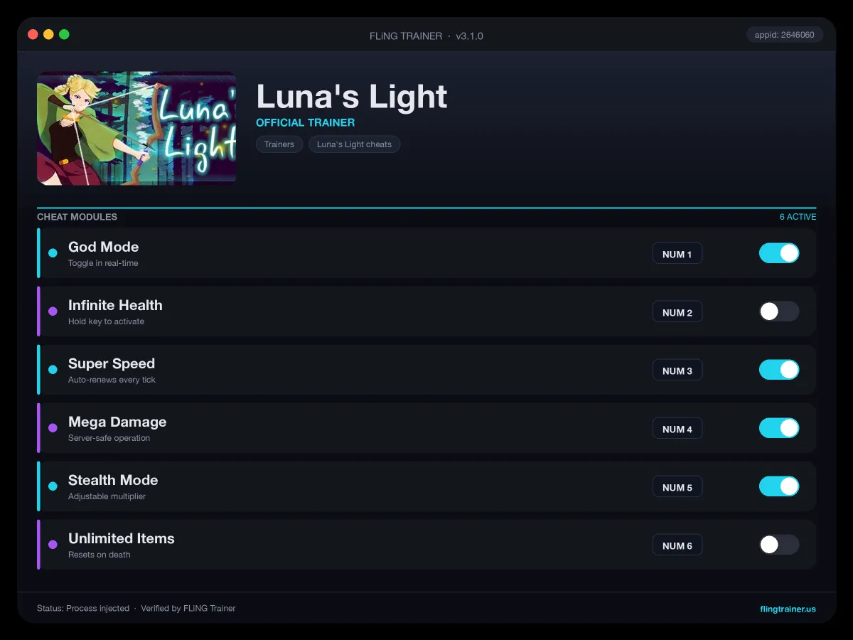 Luna's Light Trainer interface