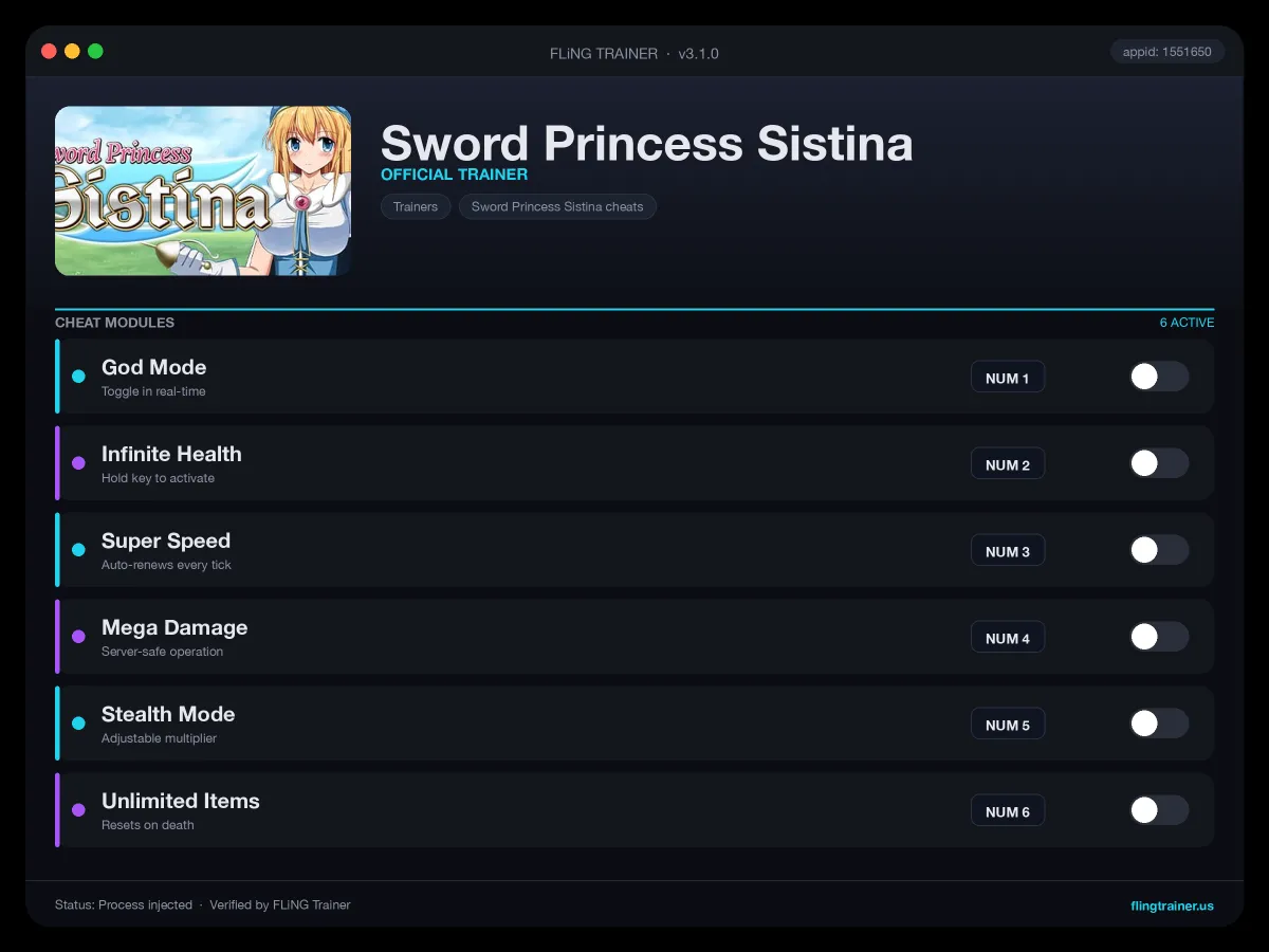 Sword Princess Sistina Trainer interface