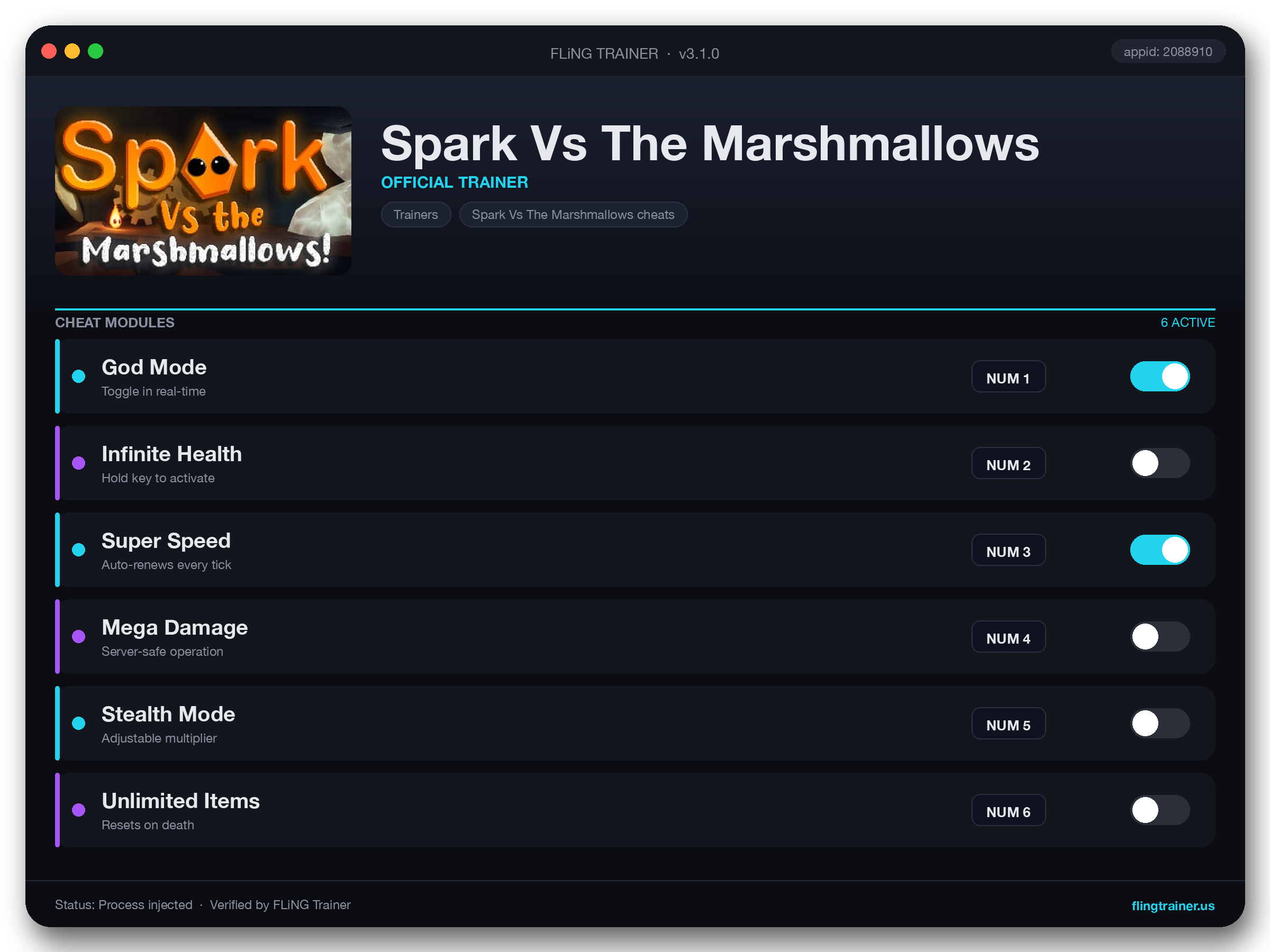 Spark Vs The Marshmallows Trainer interface