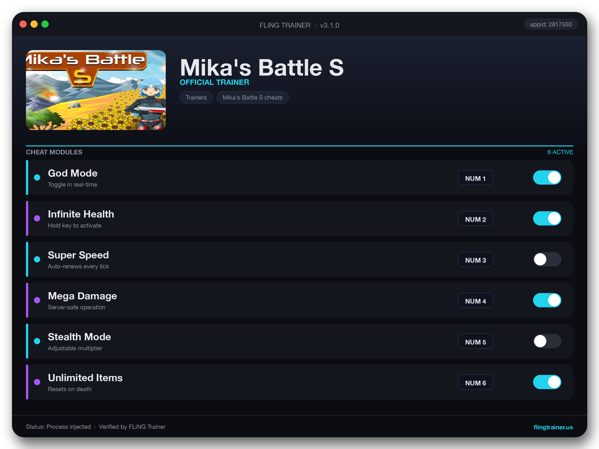 Mika's Battle S Trainer interface
