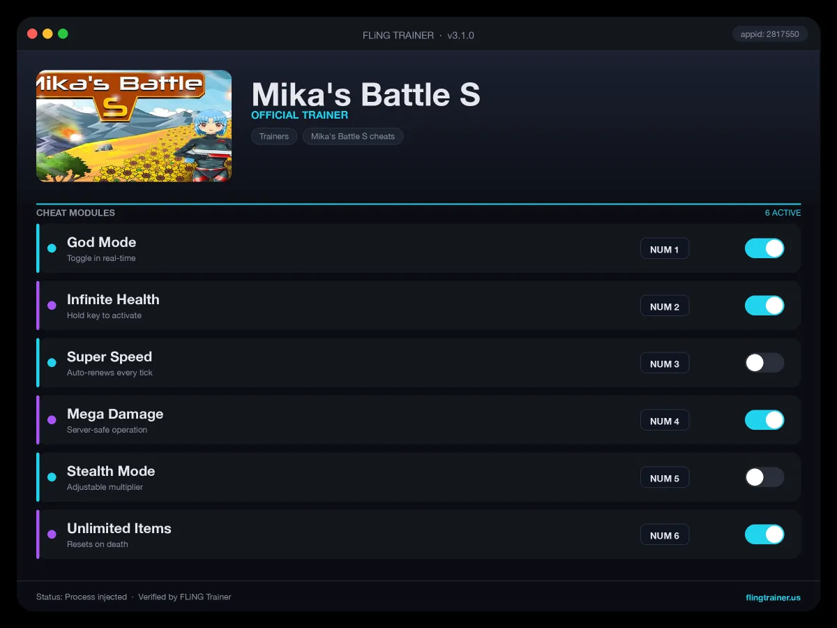 Mika's Battle S Trainer interface