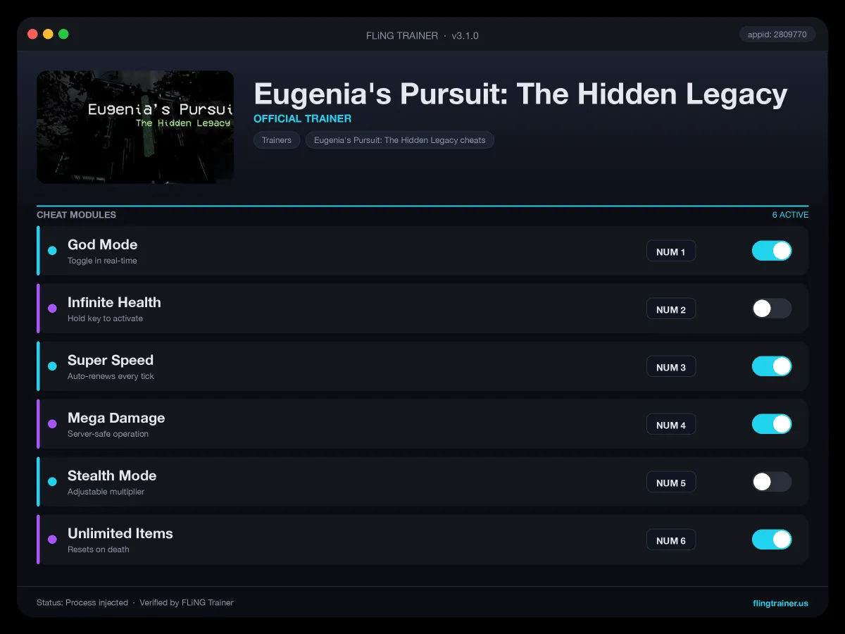 Eugenia's Pursuit: The Hidden Legacy Trainer interface