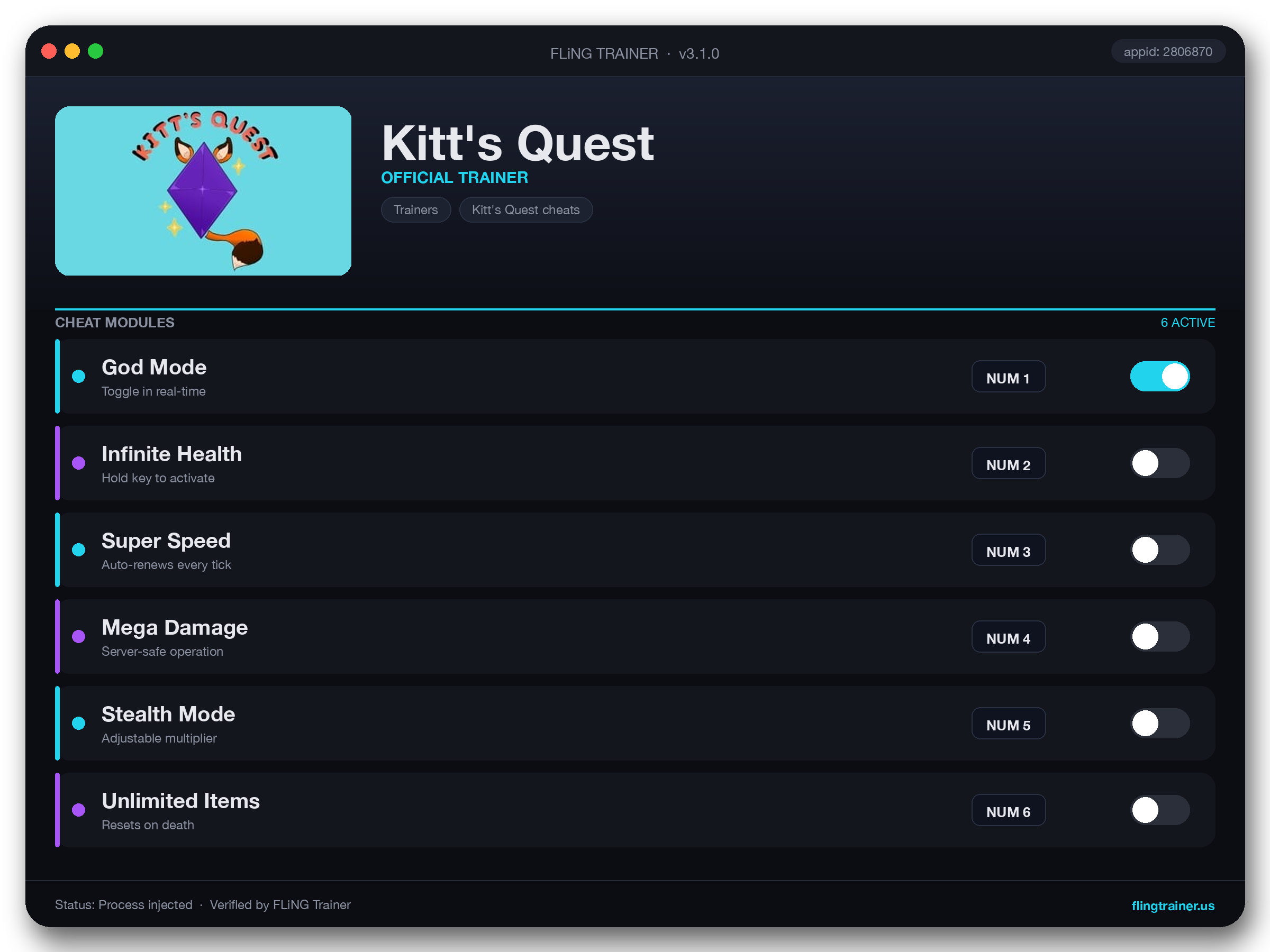 Kitt's Quest Trainer interface